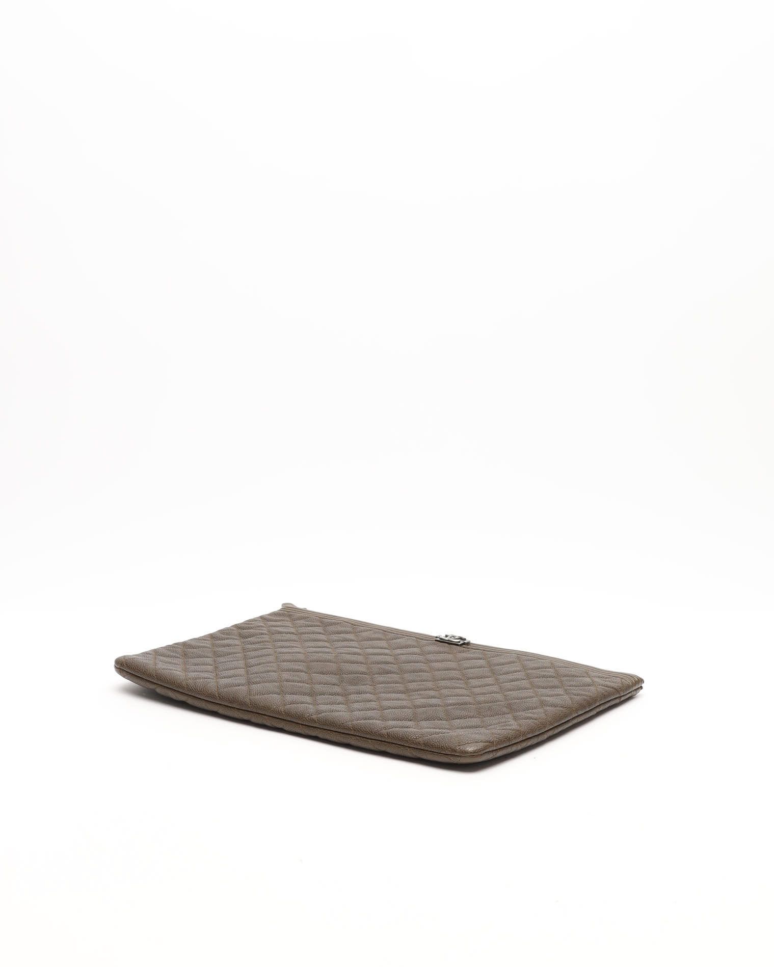 Pre-owned Chanel Caviar Khaki Boy Clutch Bag, Fits 14-inch Laptop In Green