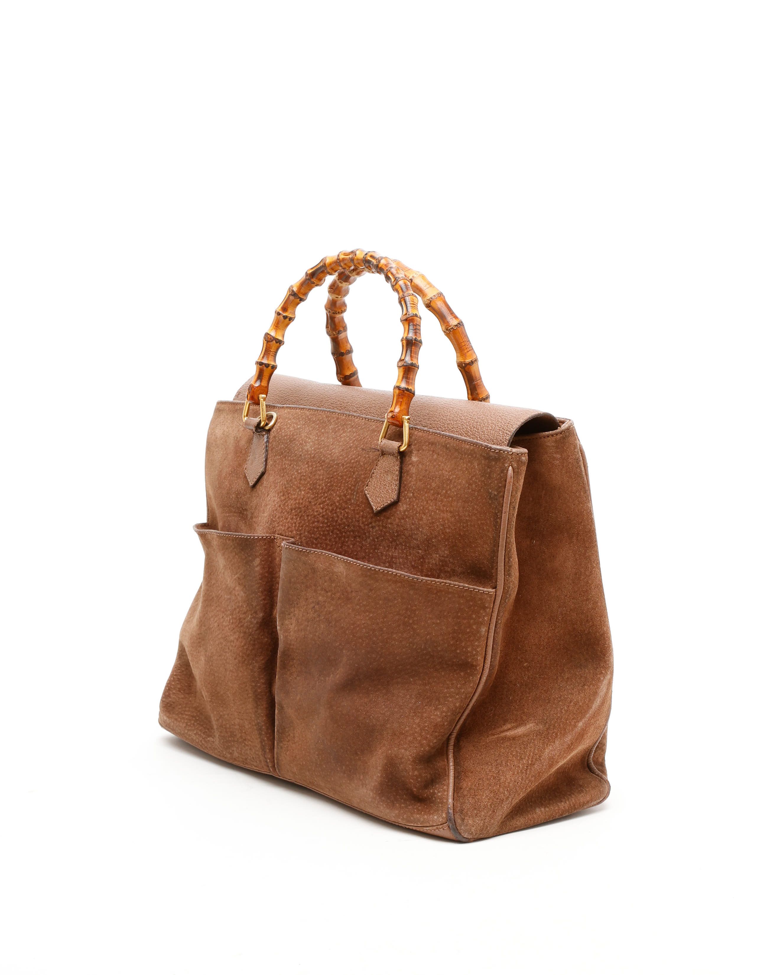 Gucci Large Suede Bamboo Handbag In Brown