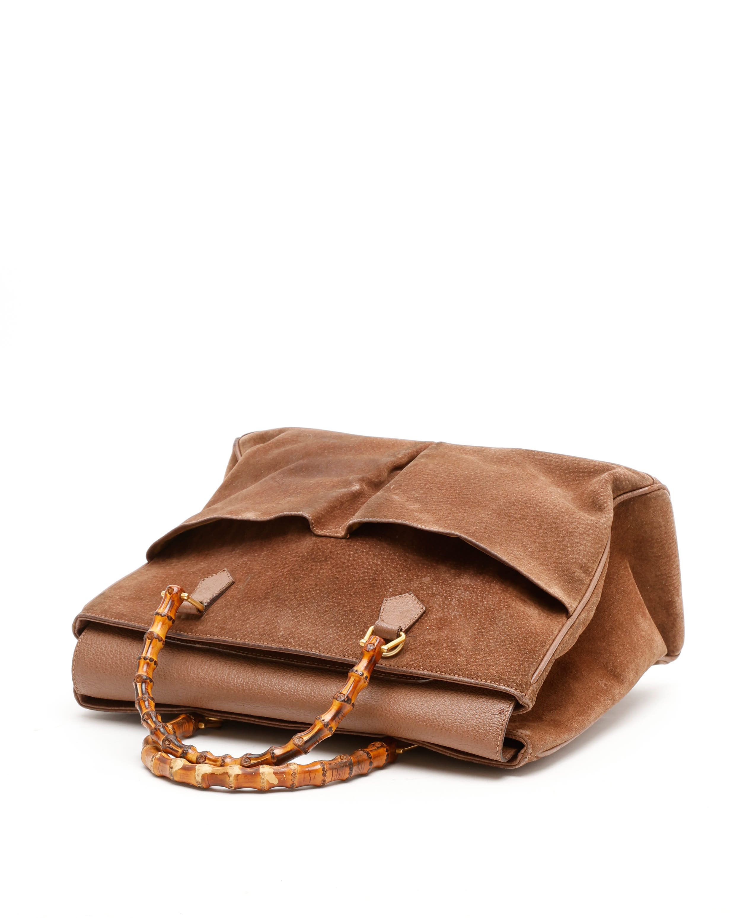 Gucci Large Suede Bamboo Handbag In Brown