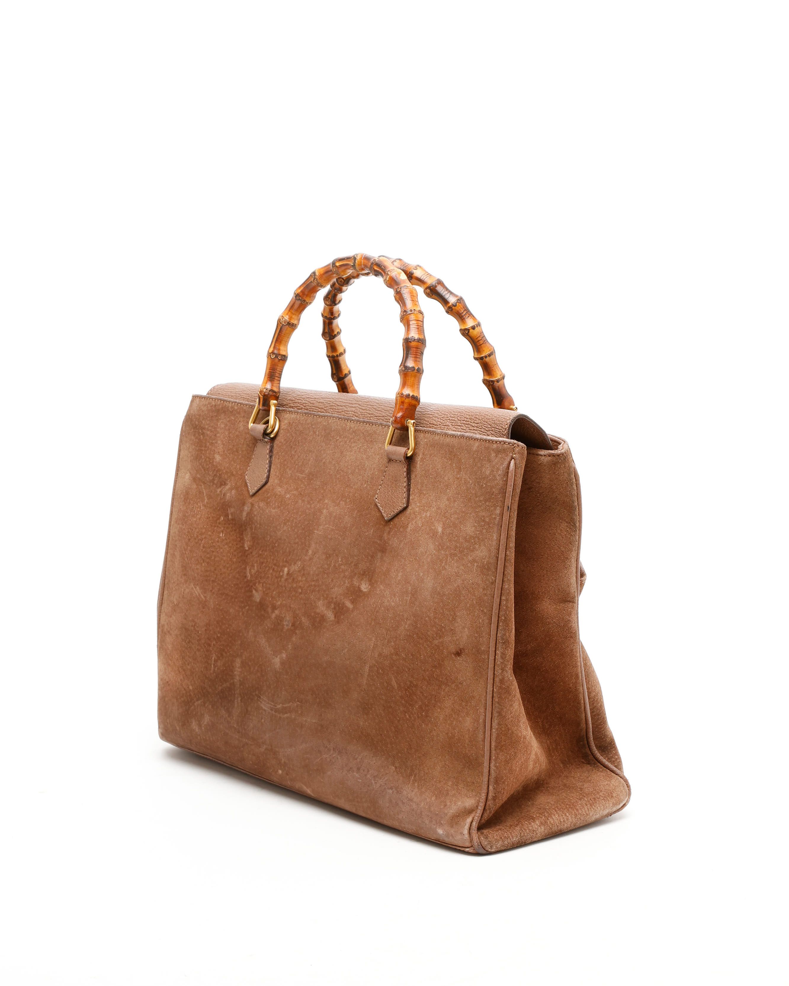 Gucci Large Suede Bamboo Handbag In Brown