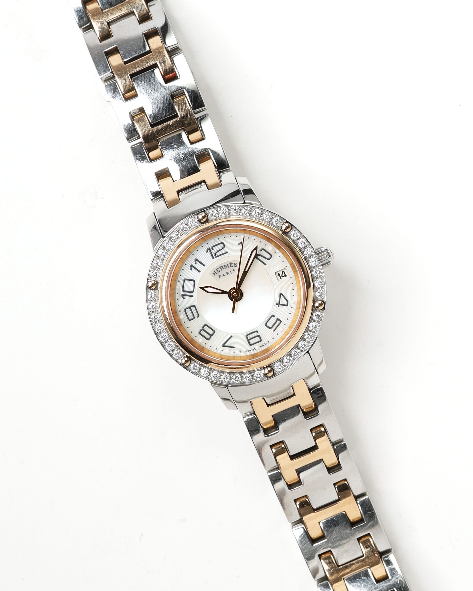 Pre-owned Hermes Hermès Clipper 24mm Ref Cp1.222 Diamond Watch In White