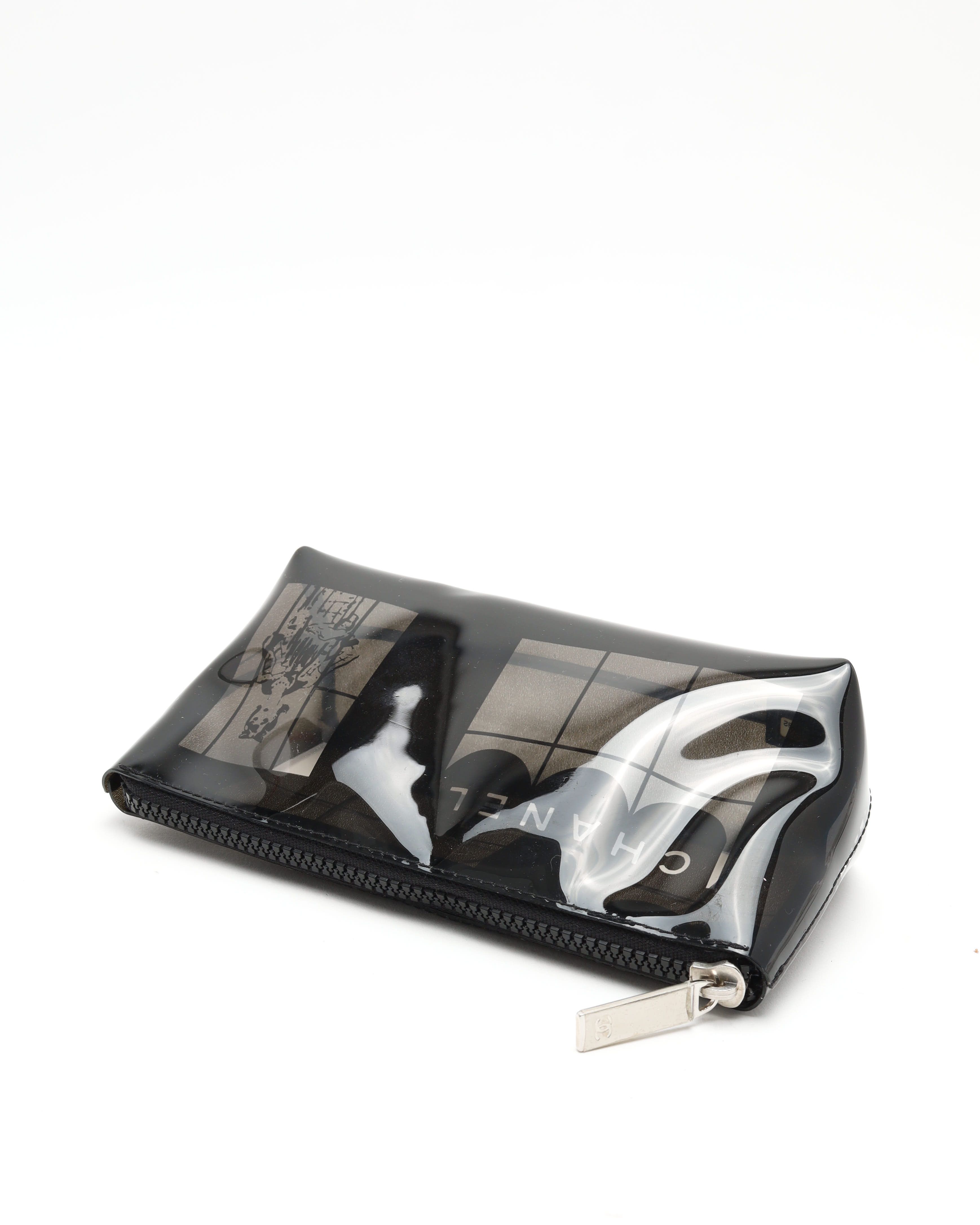 Pre-owned Chanel Vinyl Coco Window Cosmetic Pouch In Black
