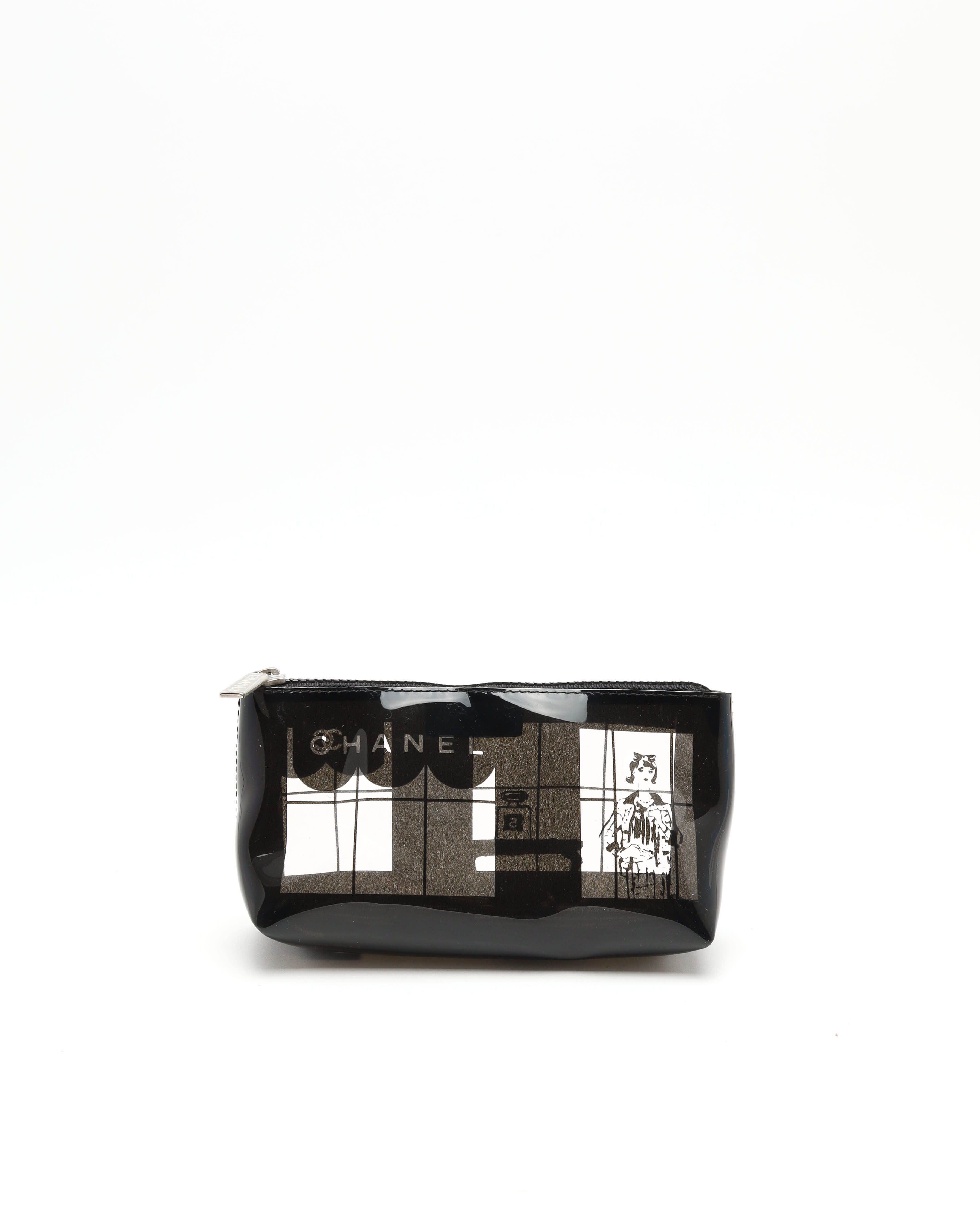 Pre-owned Chanel Vinyl Coco Window Cosmetic Pouch In Black