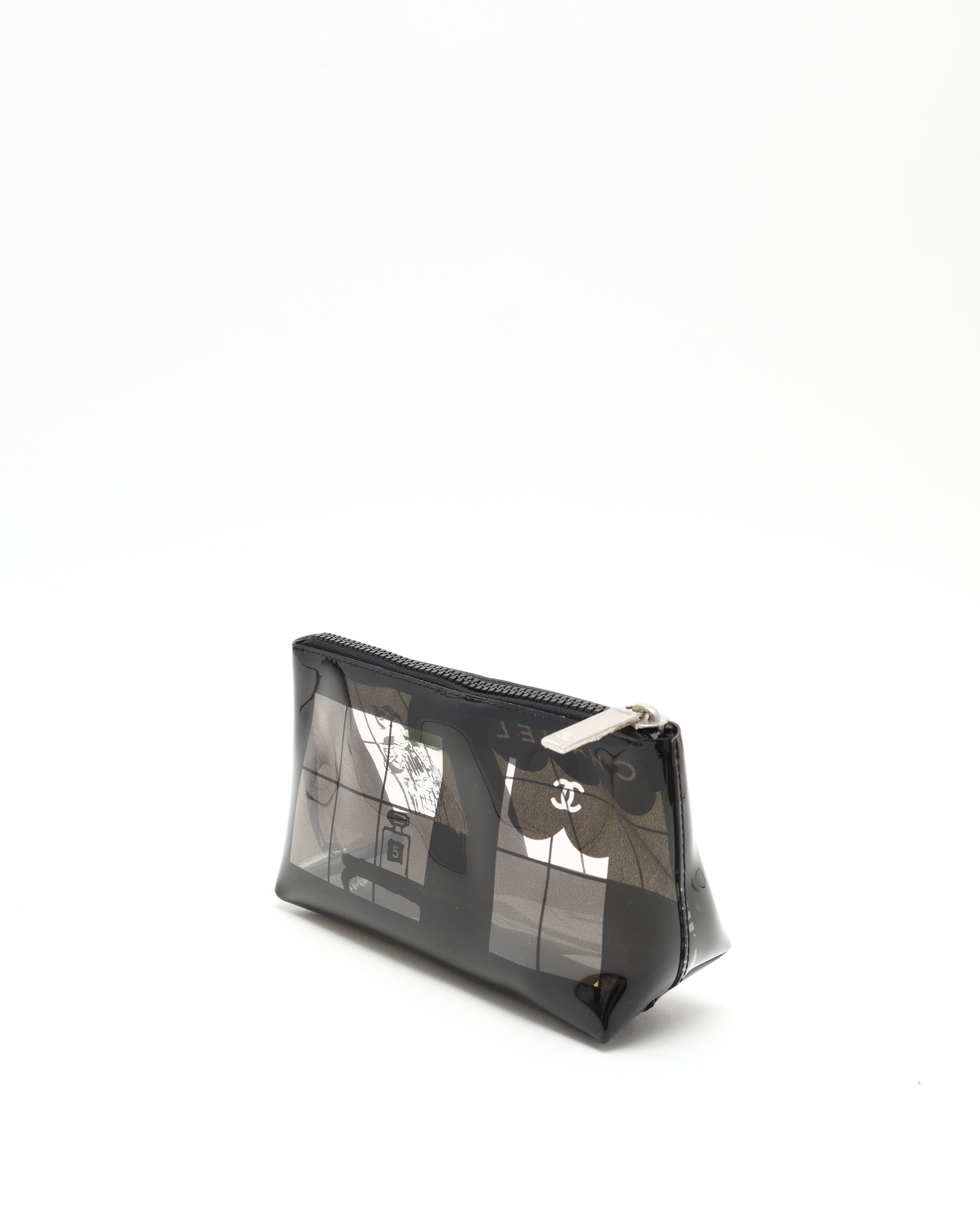 Pre-owned Chanel Vinyl Coco Window Cosmetic Pouch In Black