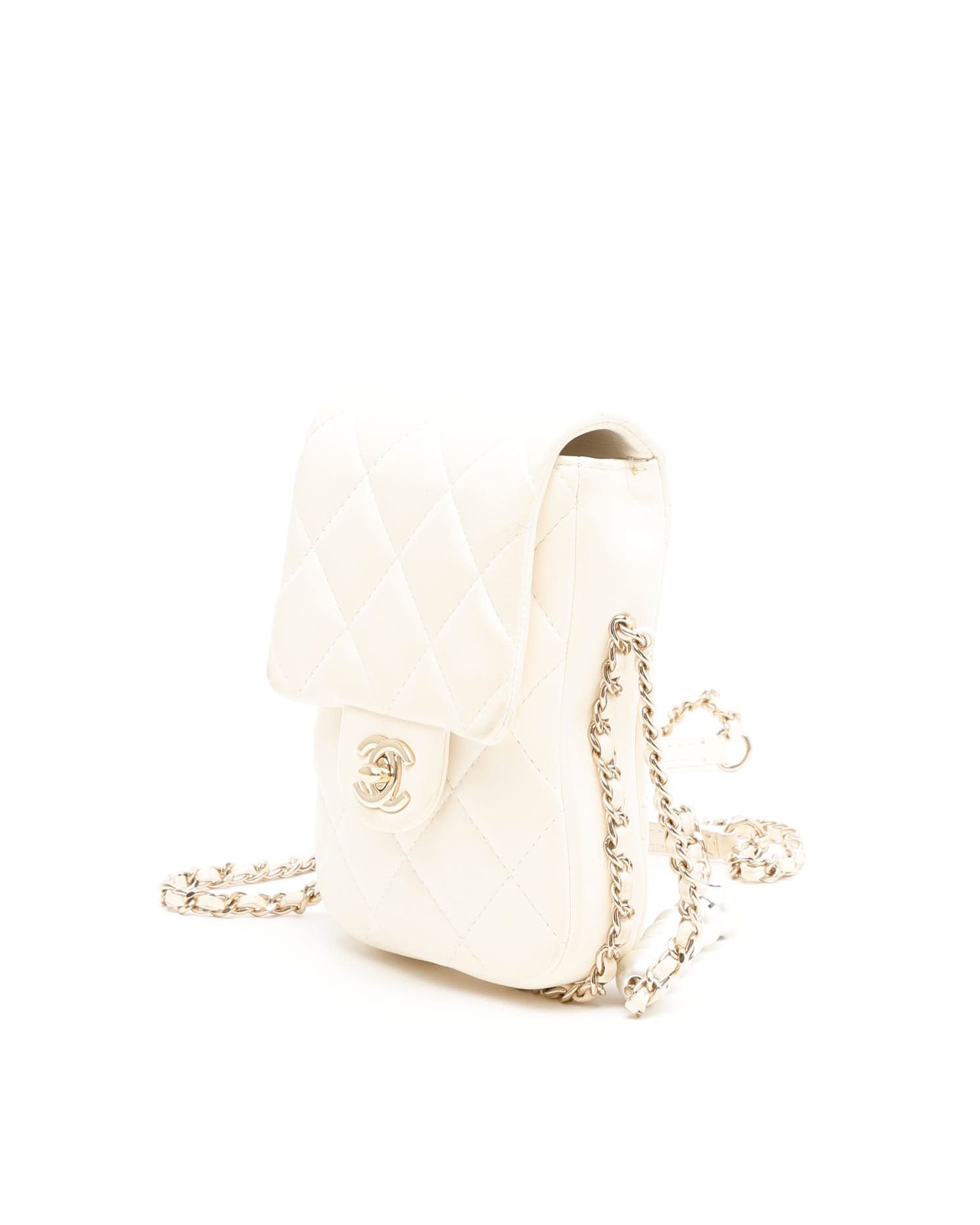Pre-owned Chanel Pearl Chain Around Phone Clutch Bag In White
