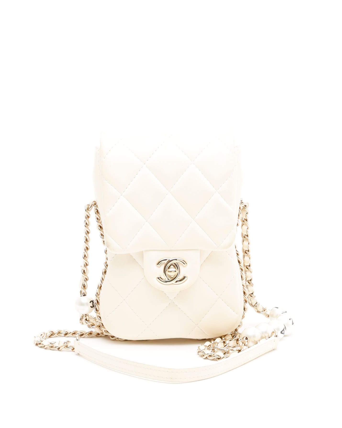 Pre-owned Chanel Pearl Chain Around Phone Clutch Bag In White