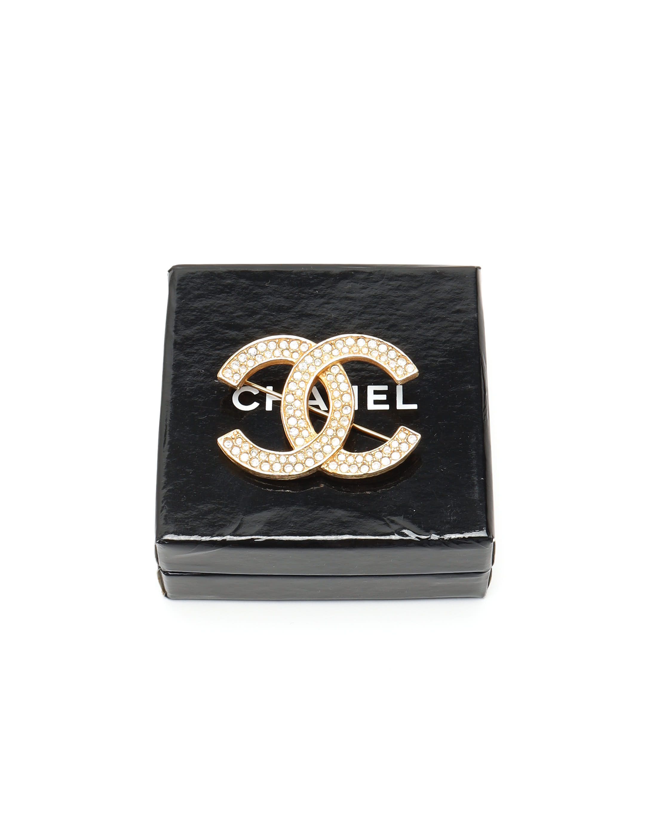 Pre-owned Chanel Coco Mark Rhinestone Brooch In Gold