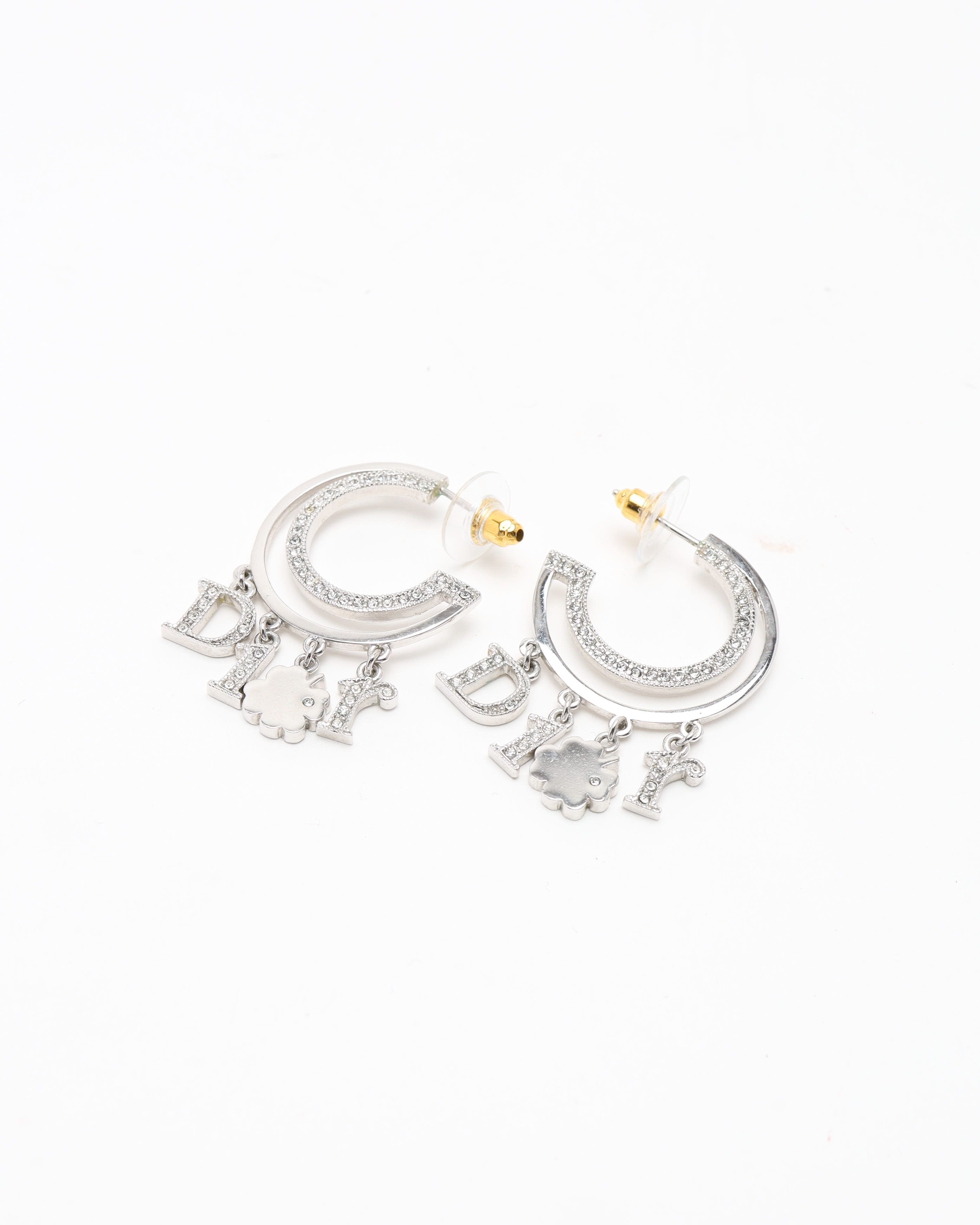 Dior Christian Hoop Rhinestone Earrings In Gray