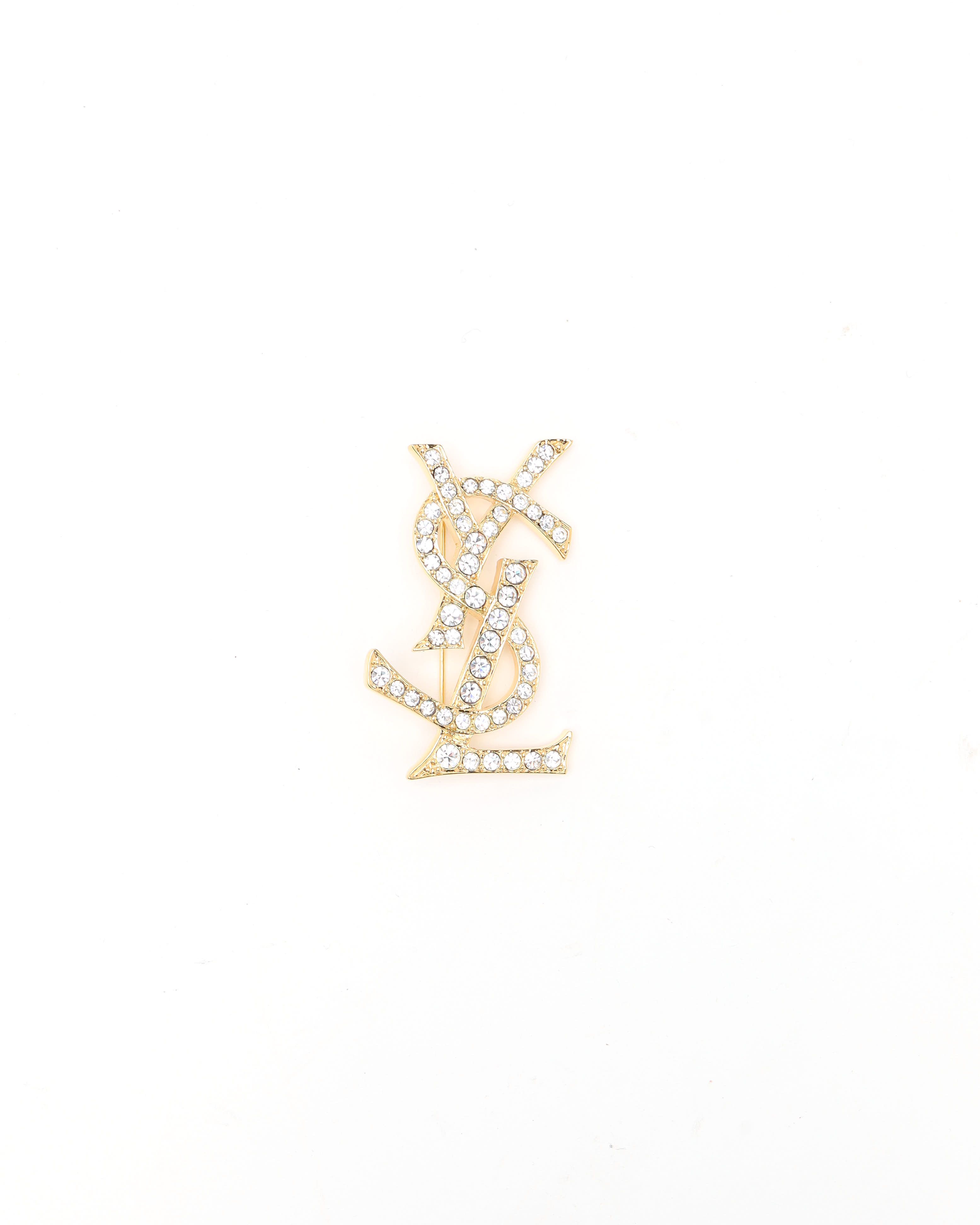 Saint Laurent Ysl Logo Rhinestone Brooch In Gold