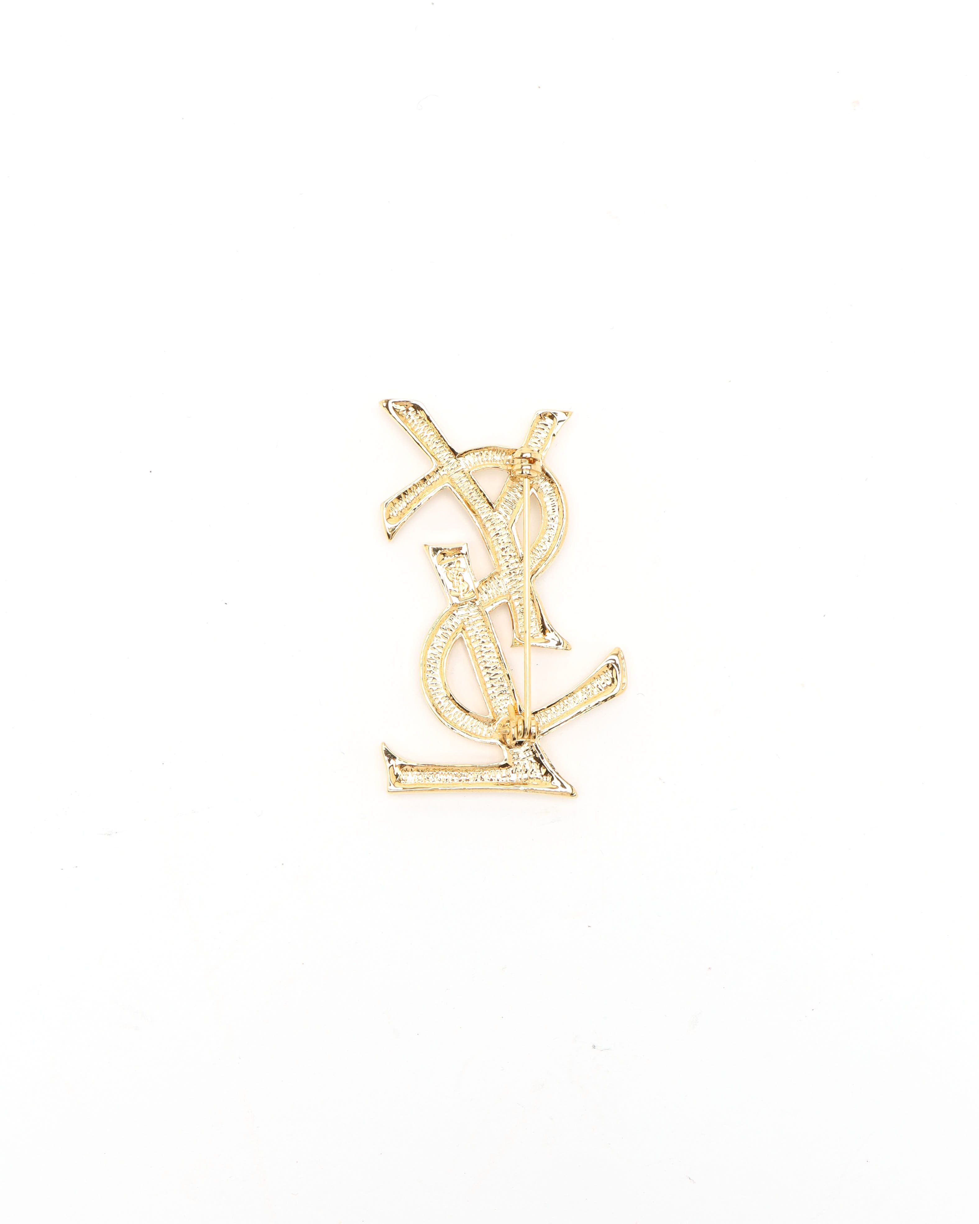 Saint Laurent Ysl Logo Rhinestone Brooch In Gold