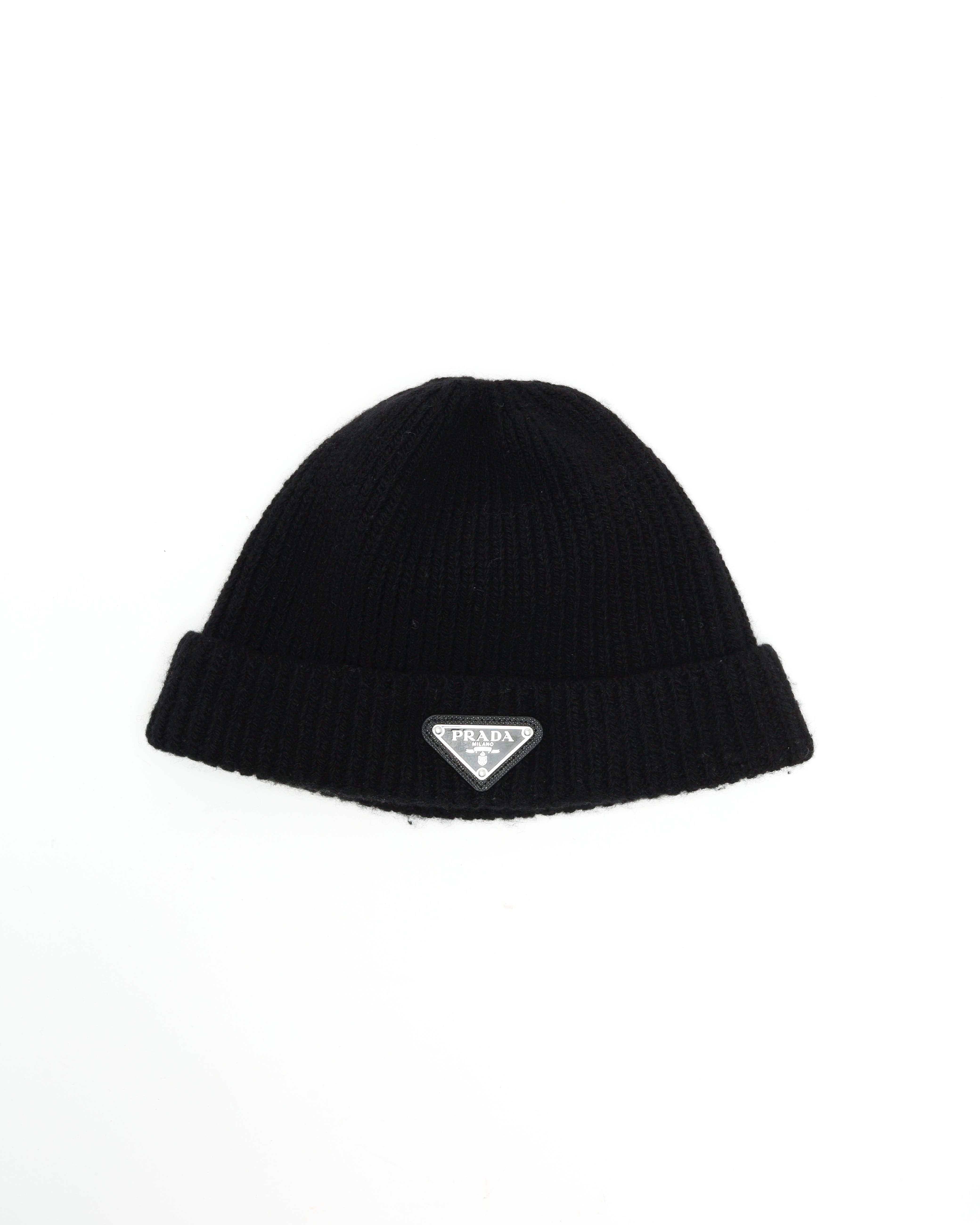 Prada Triangle Logo Knit Beanie In Black