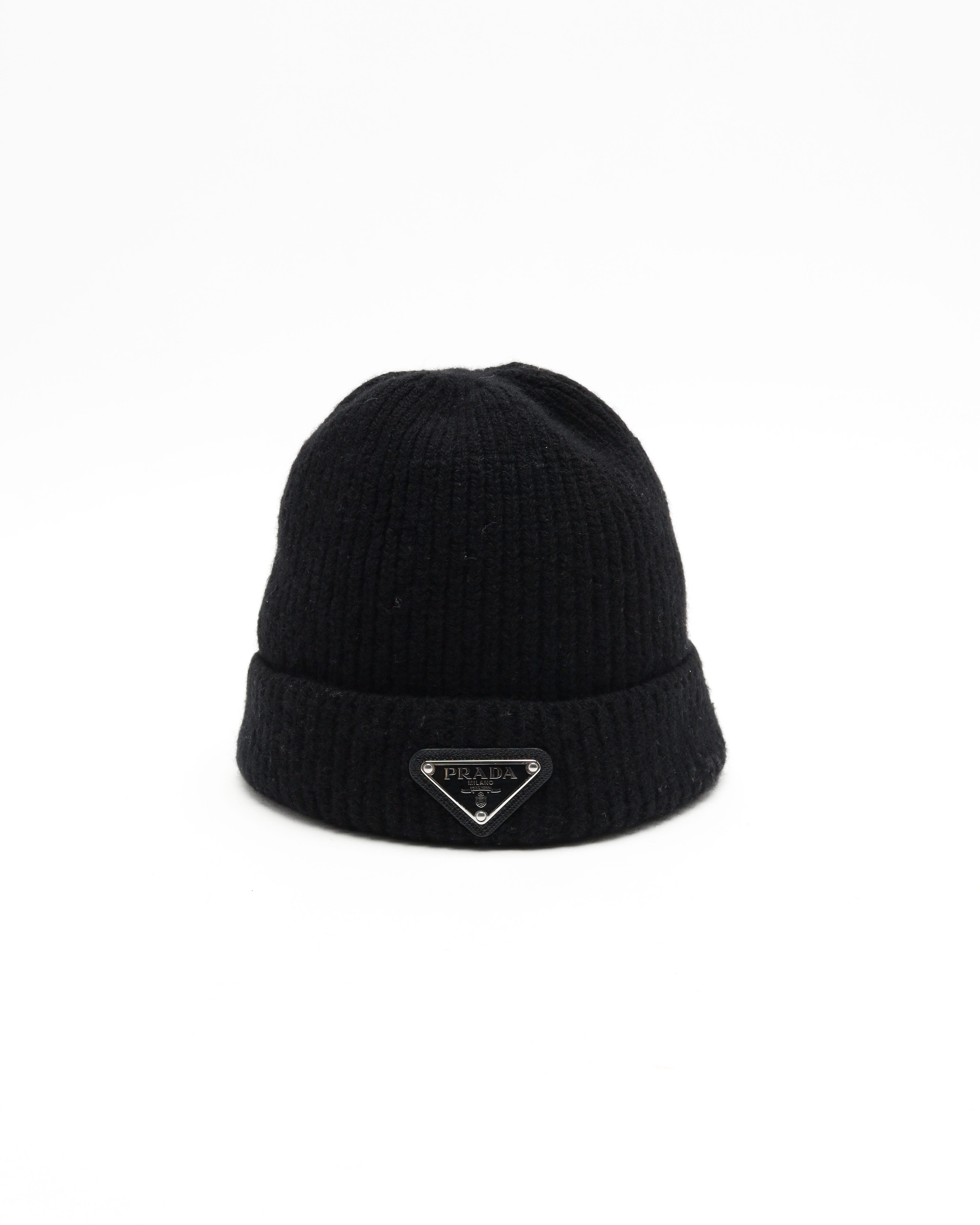 Prada Triangle Logo Knit Beanie In Black