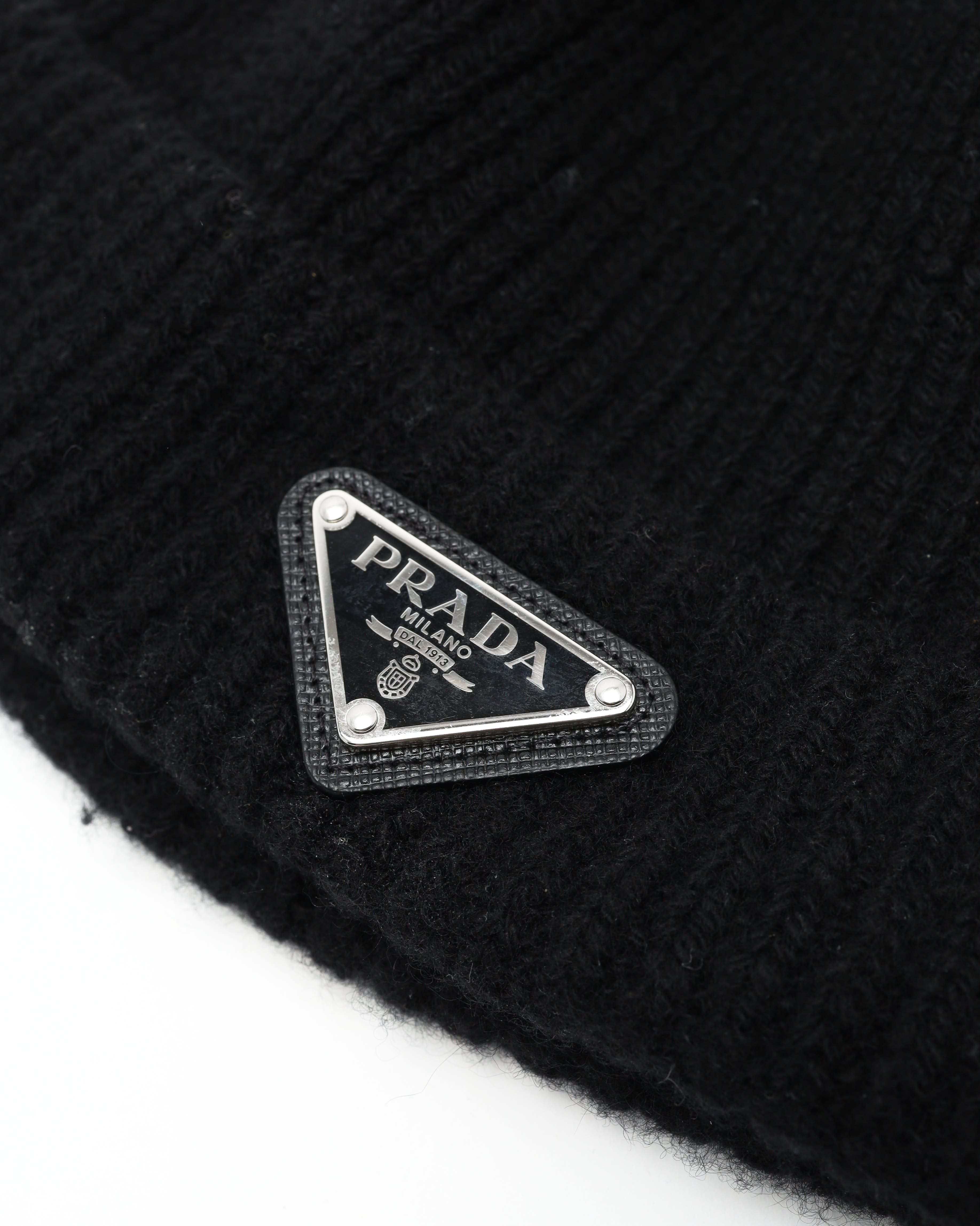 Prada Triangle Logo Knit Beanie In Black
