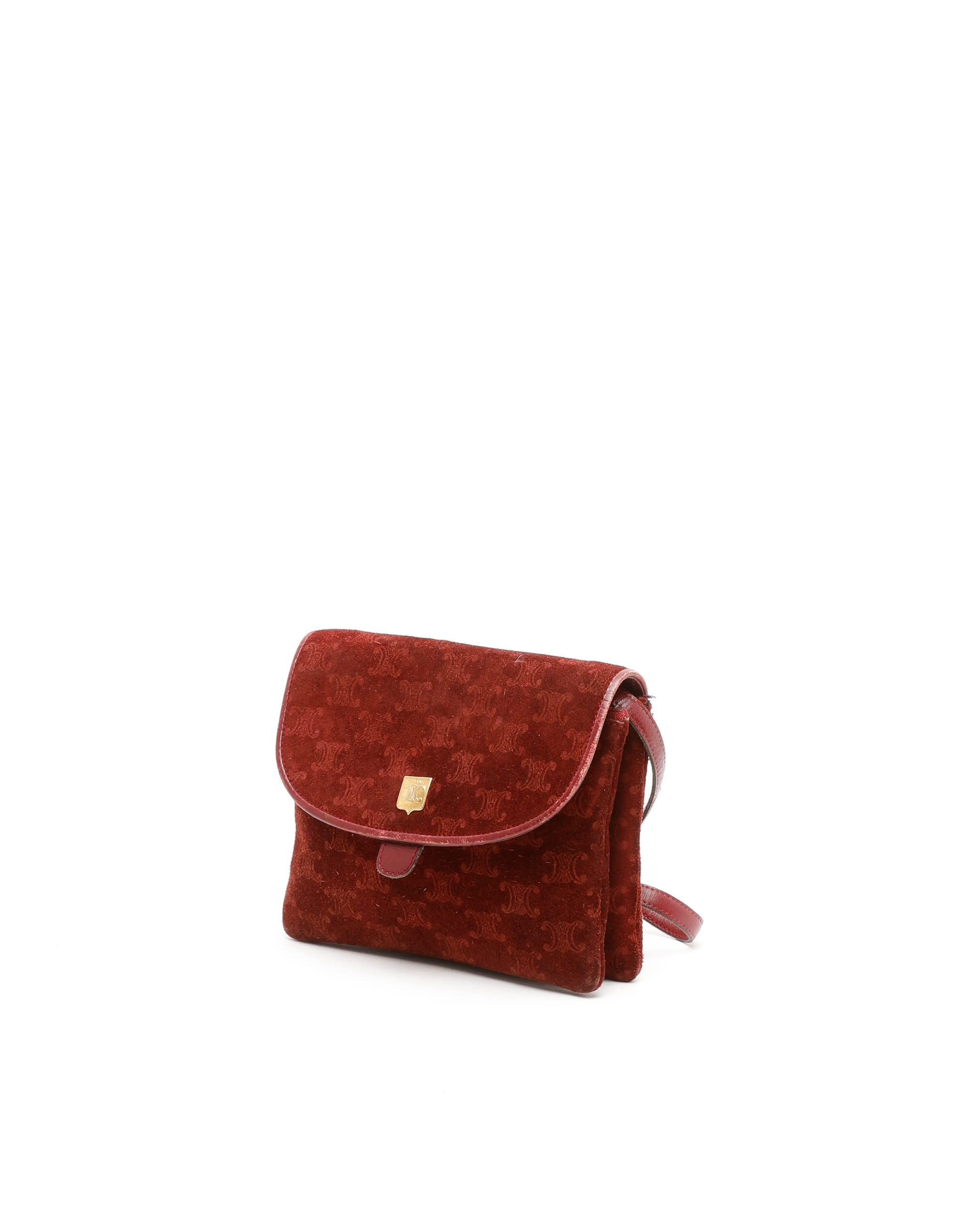 Celine Céline Suede Triomphe Crossbody Bag In Burgundy