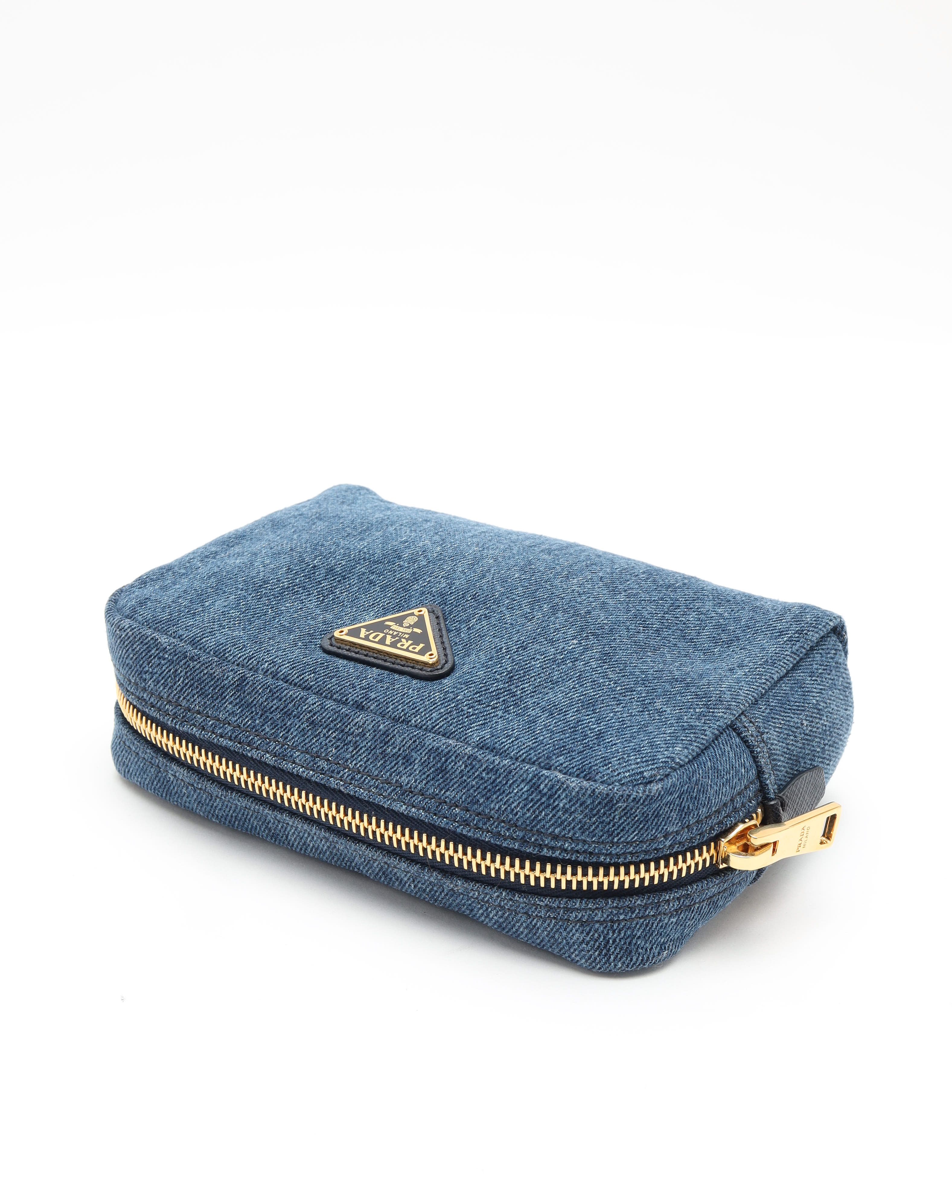 Prada Denim Toiletry Pouch In Blue