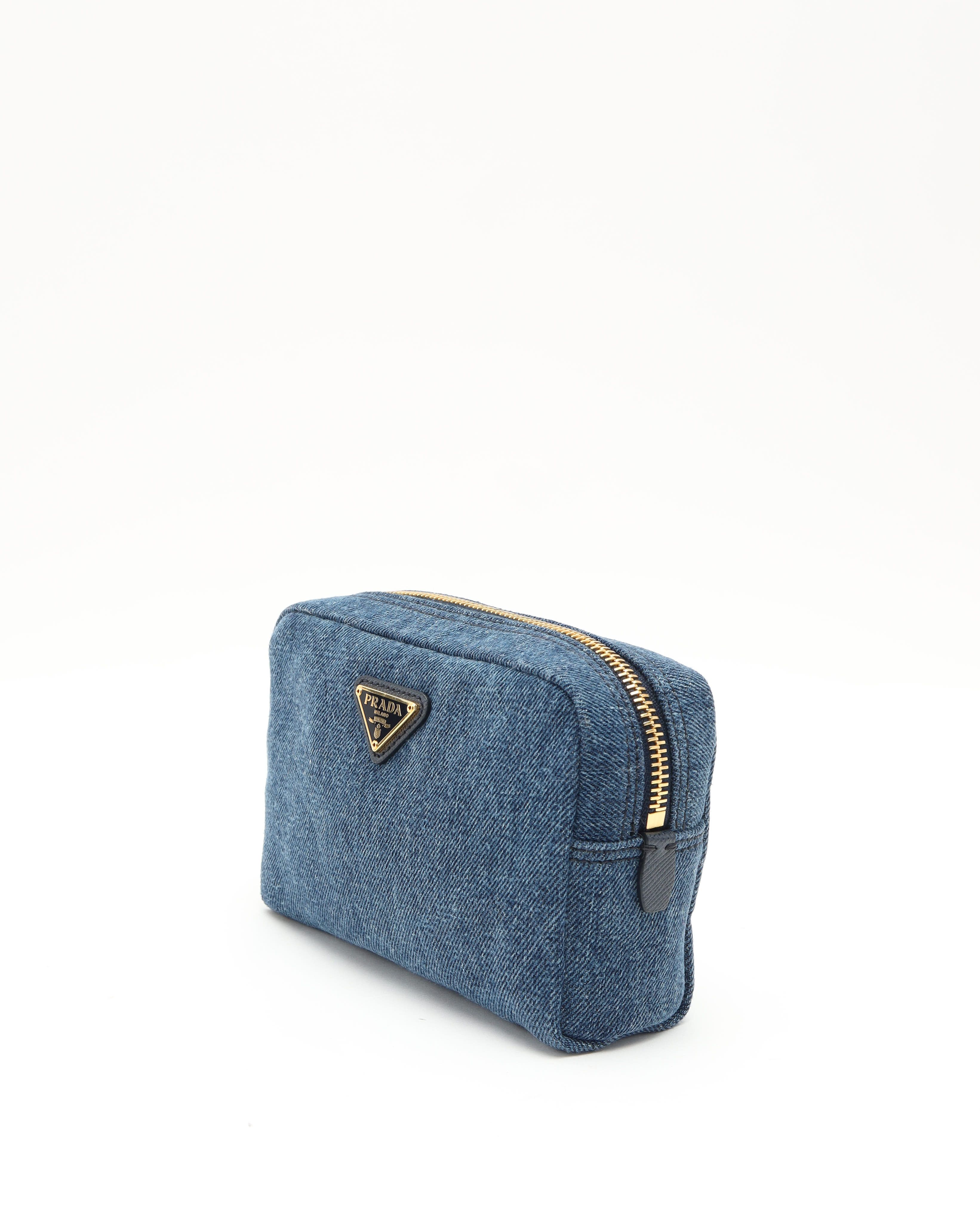 Prada Denim Toiletry Pouch In Blue