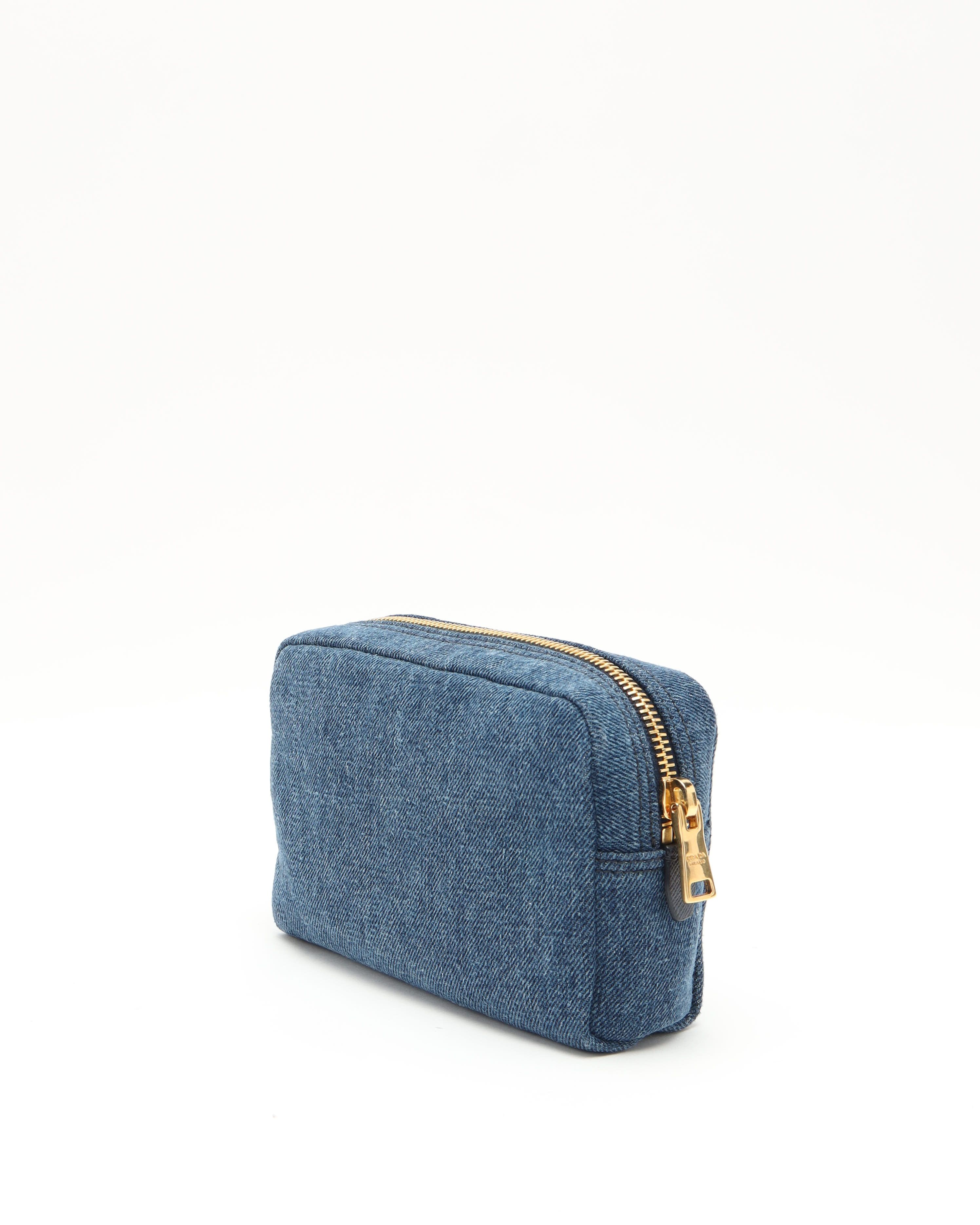 Prada Denim Toiletry Pouch In Blue