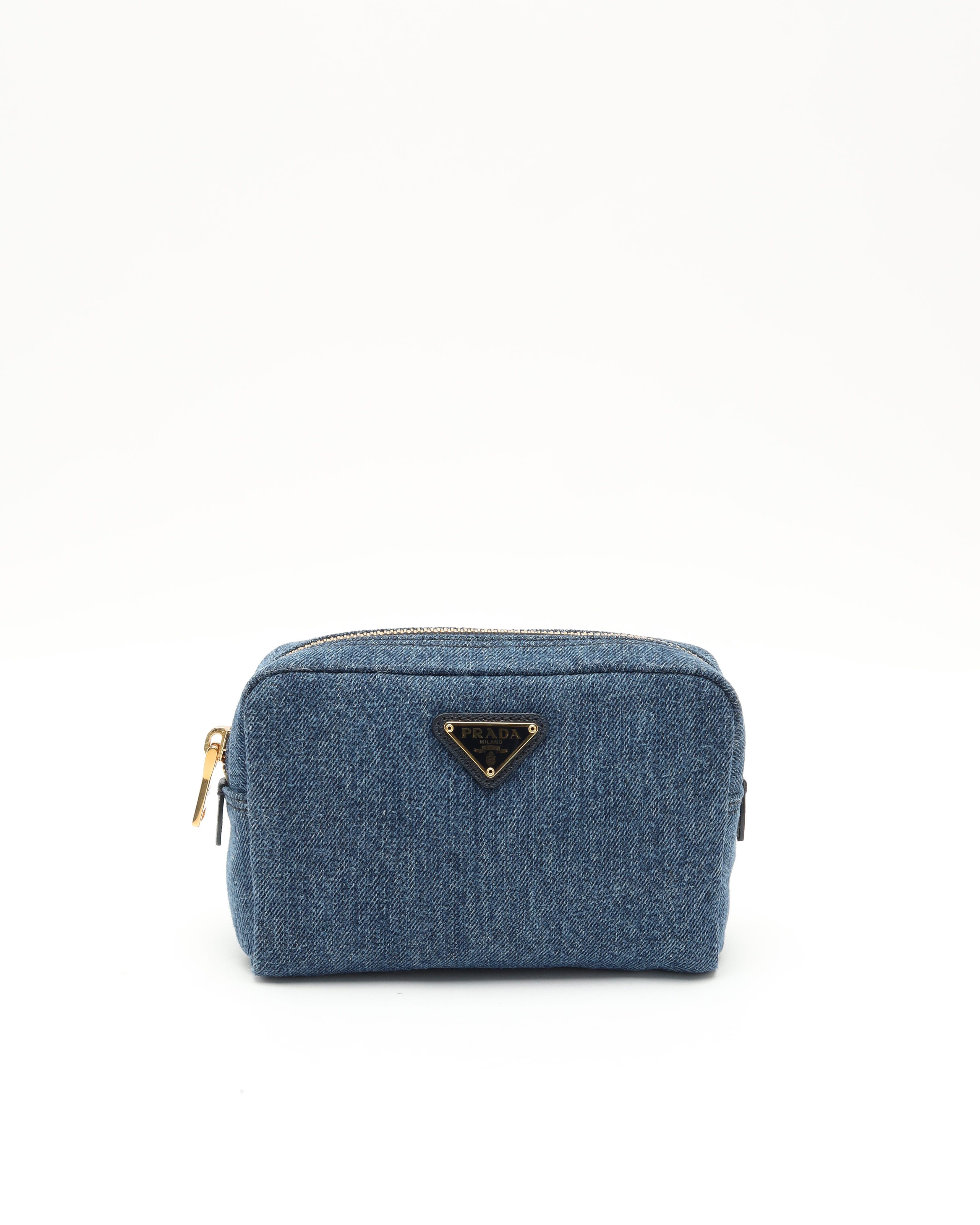 Prada Denim Toiletry Pouch In Blue