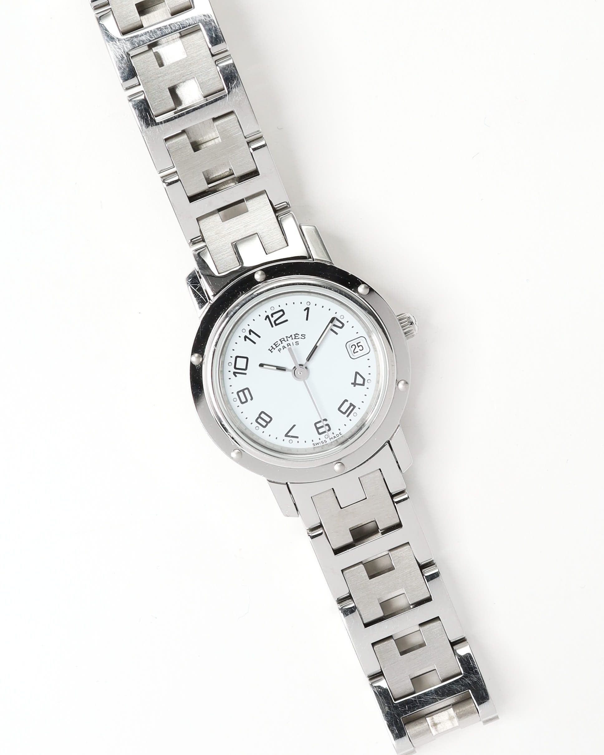 Pre-owned Hermes Hermès Clipper 24mm Full Set 2000 Watch In White