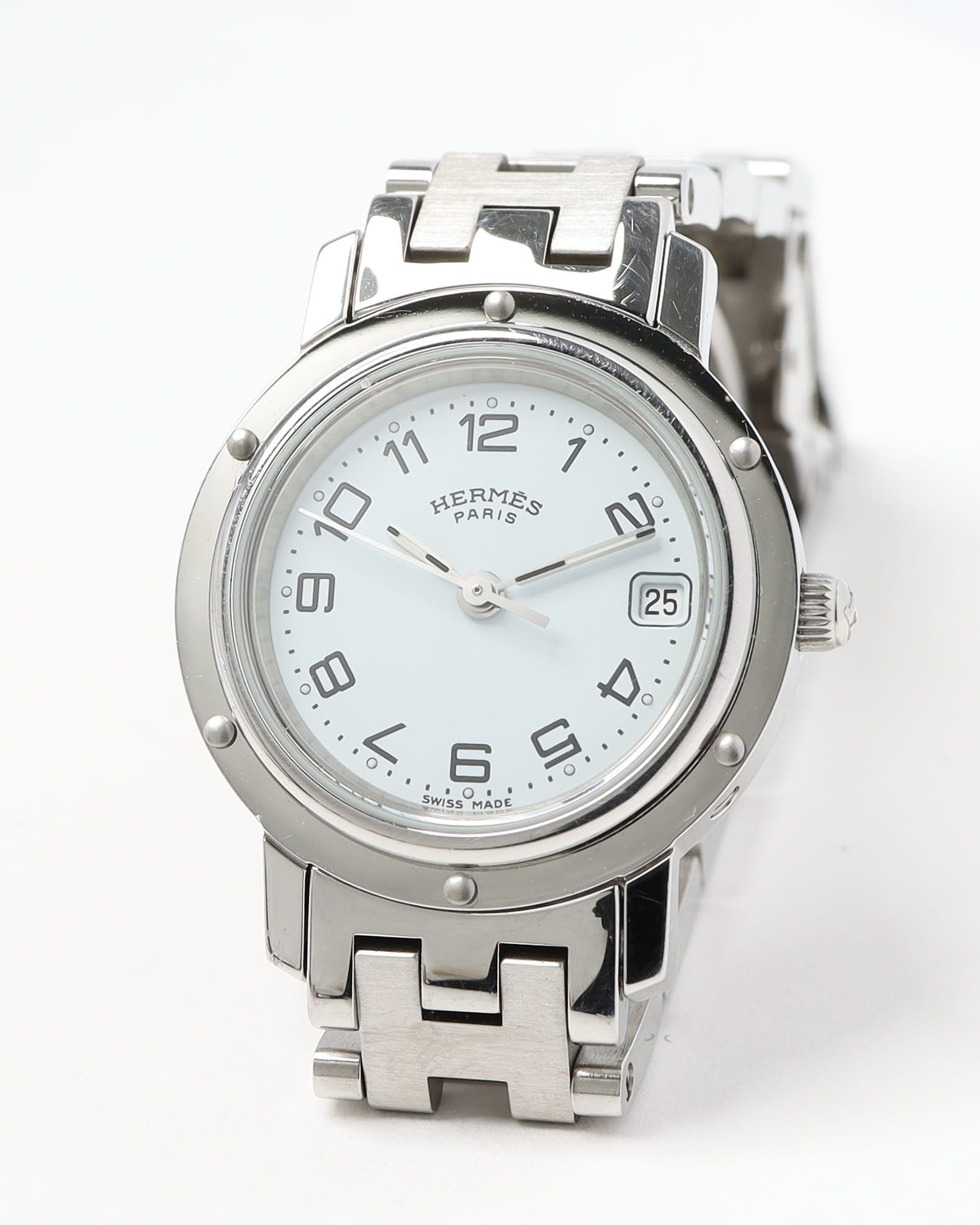 Pre-owned Hermes Hermès Clipper 24mm Full Set 2000 Watch In White