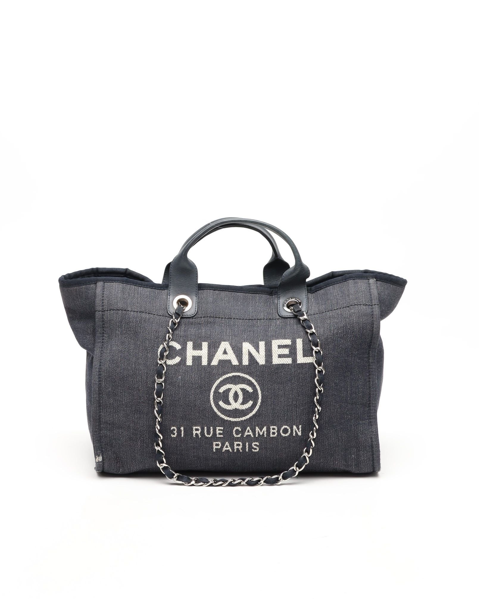 Pre-owned Chanel Denim Deauville Mm Tote Bag In Blue