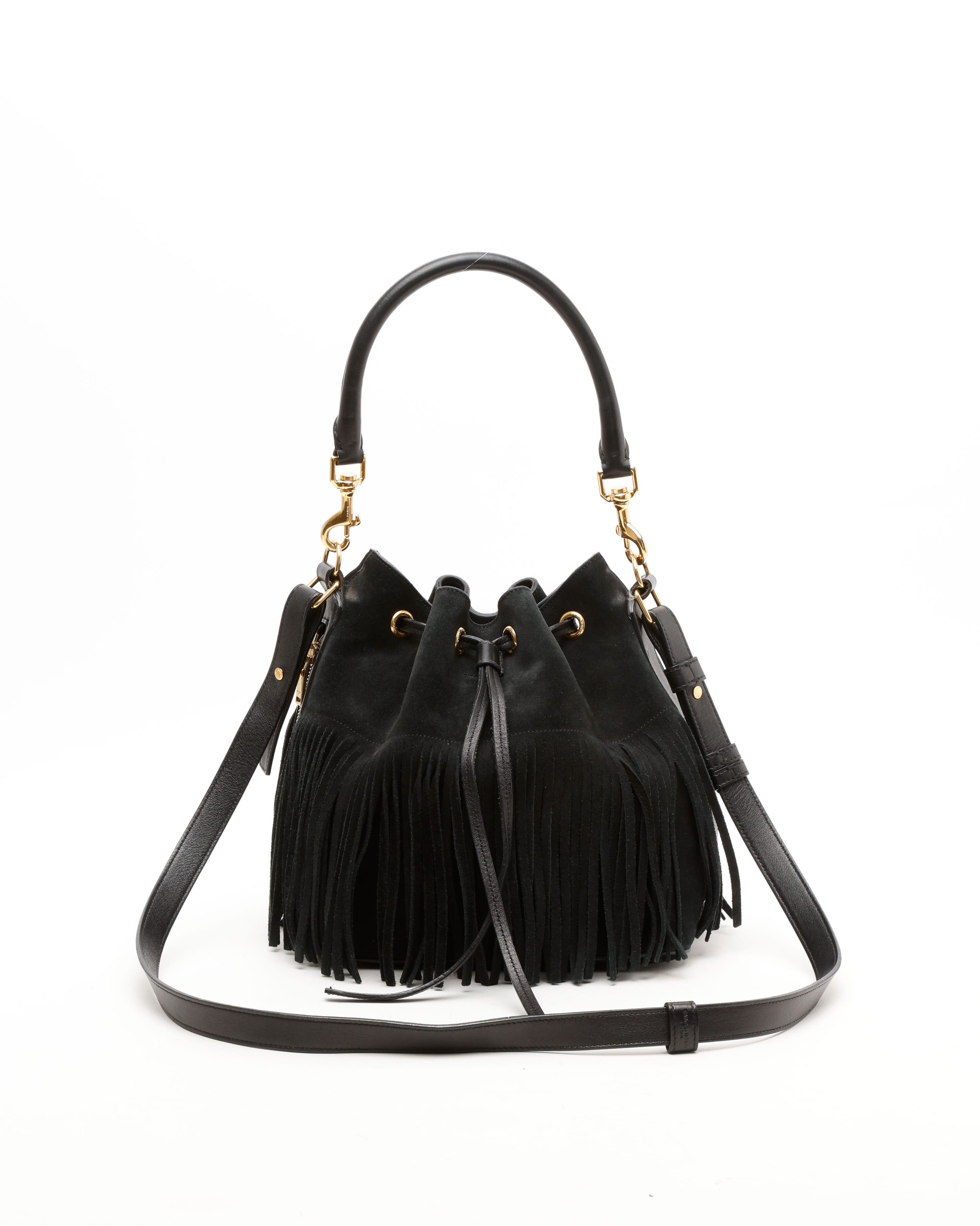 Saint Laurent Suede Emmanuelle Fringe Bucket Bag