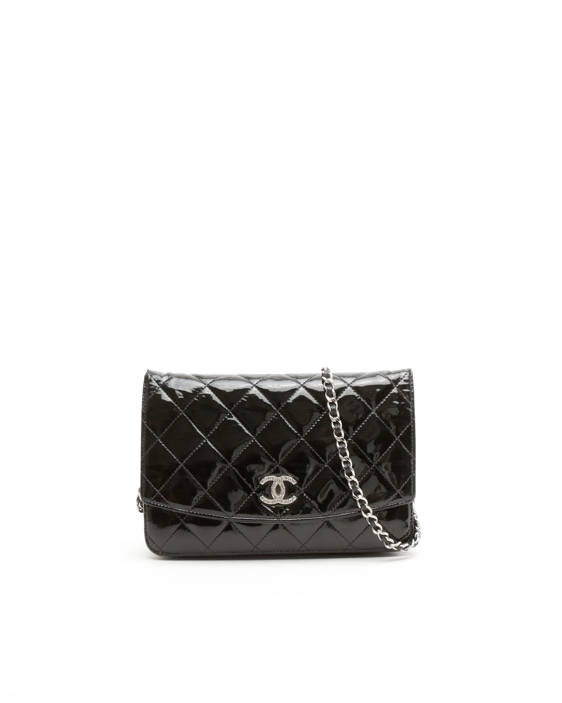 Pre-owned Chanel Brilliant Cc Patent Wallet On Chain Bag In Black
