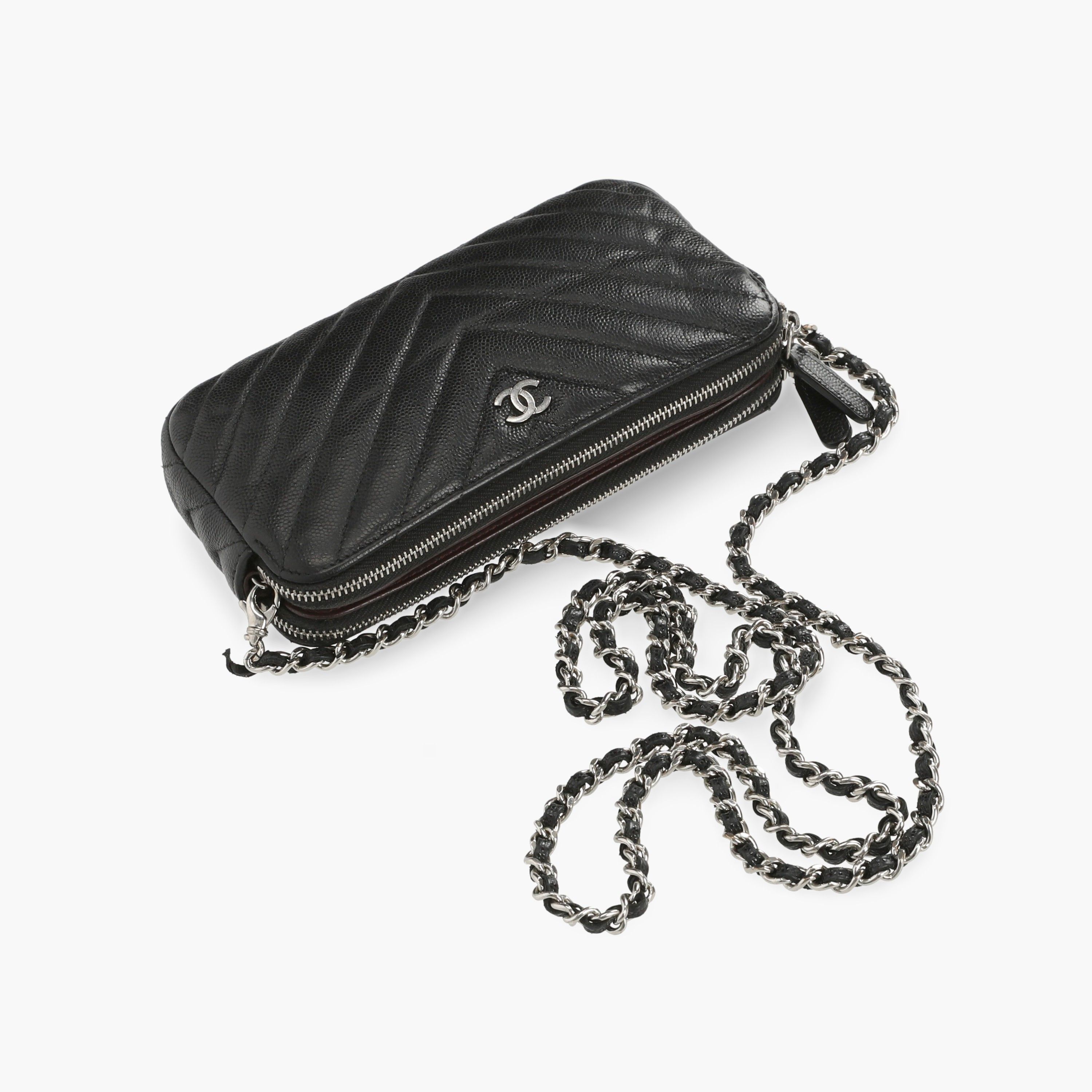 Pre-owned Chanel Chevron Double Zip Wallet On Chain In Black