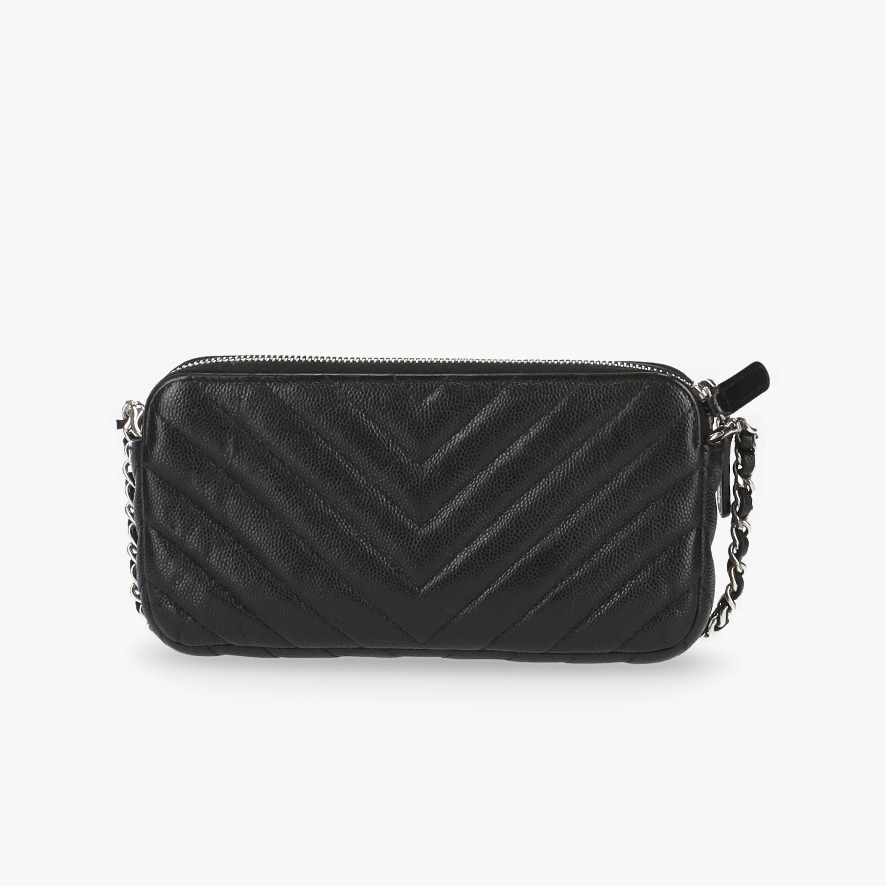 Pre-owned Chanel Chevron Double Zip Wallet On Chain In Black