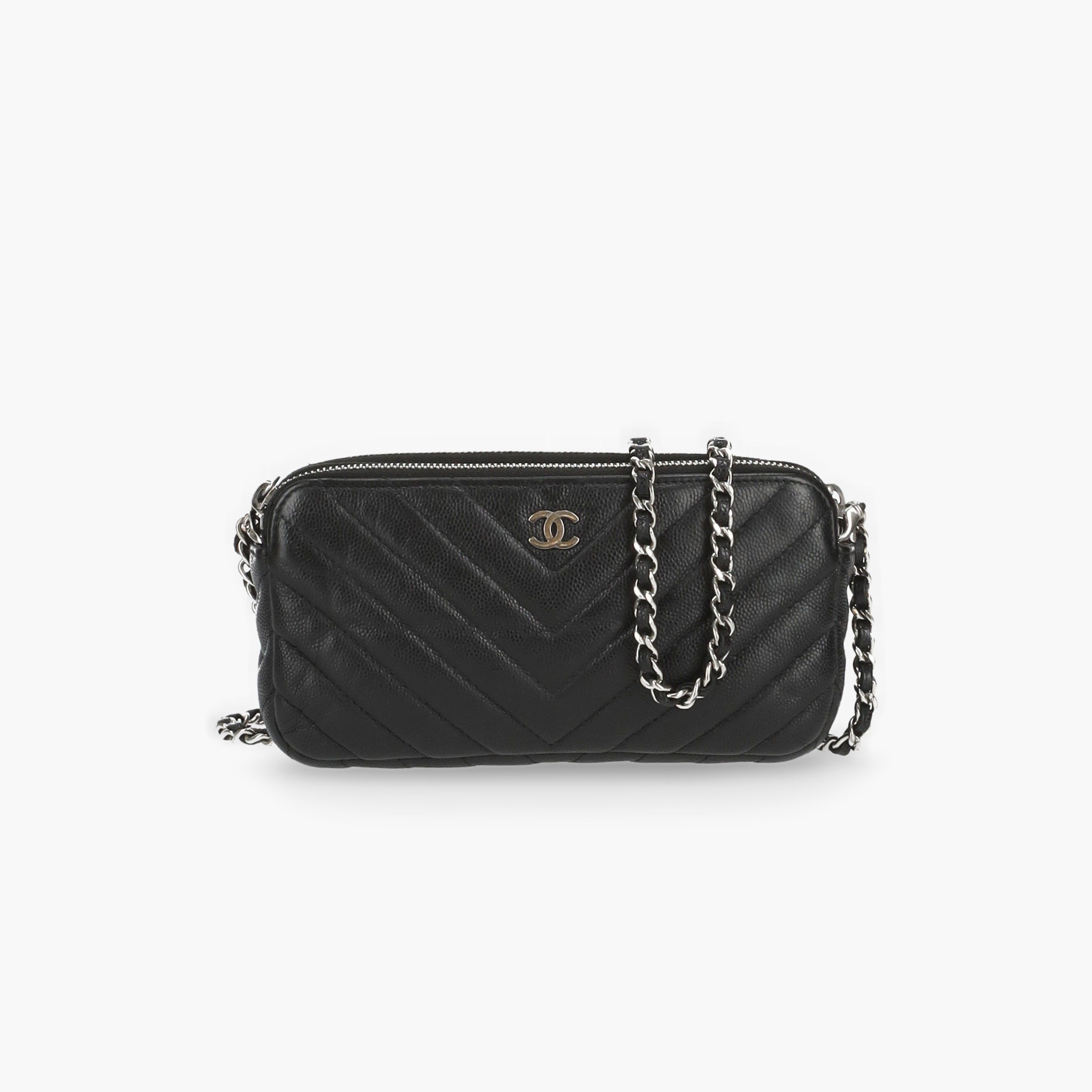 Pre-owned Chanel Chevron Double Zip Wallet On Chain In Black