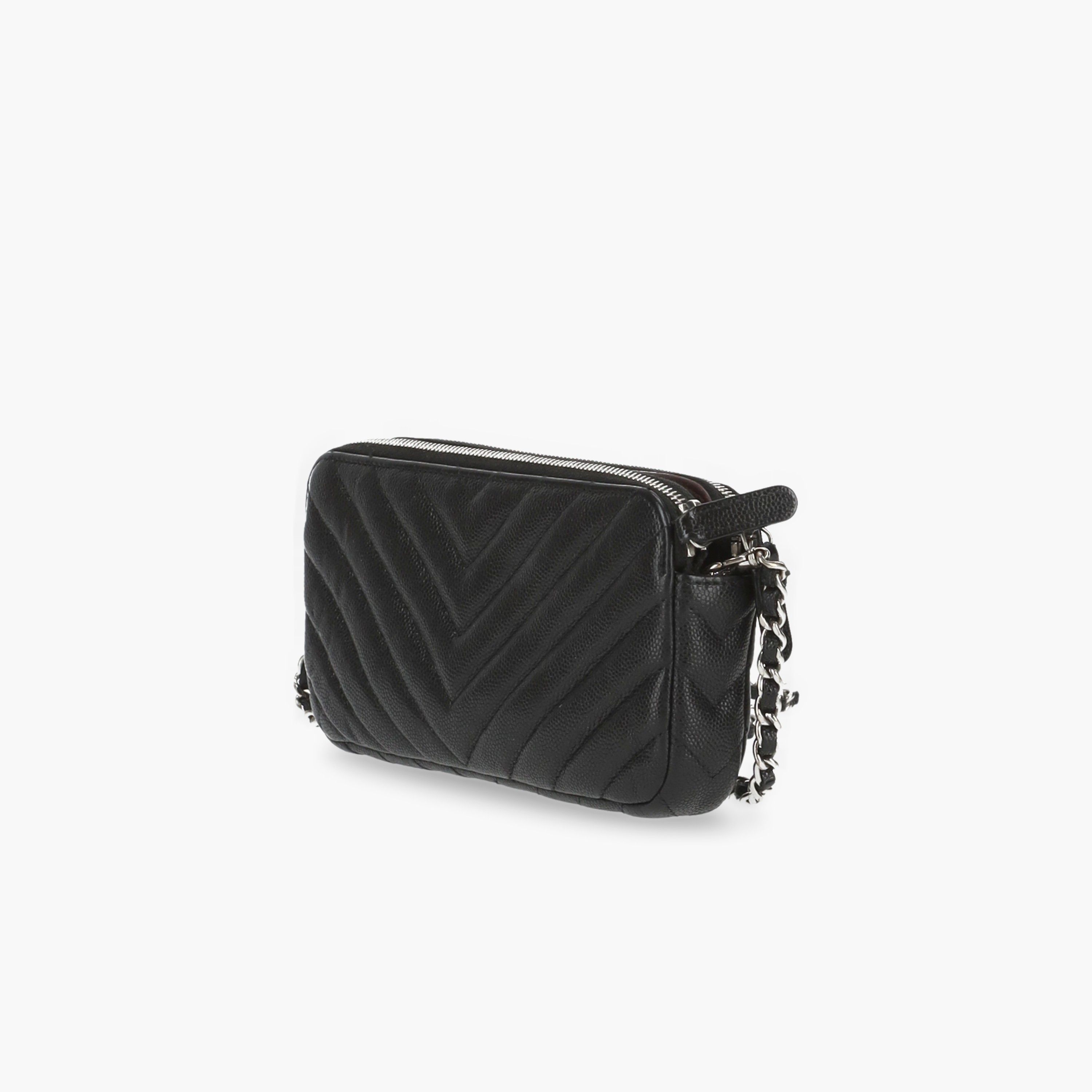 Pre-owned Chanel Chevron Double Zip Wallet On Chain In Black