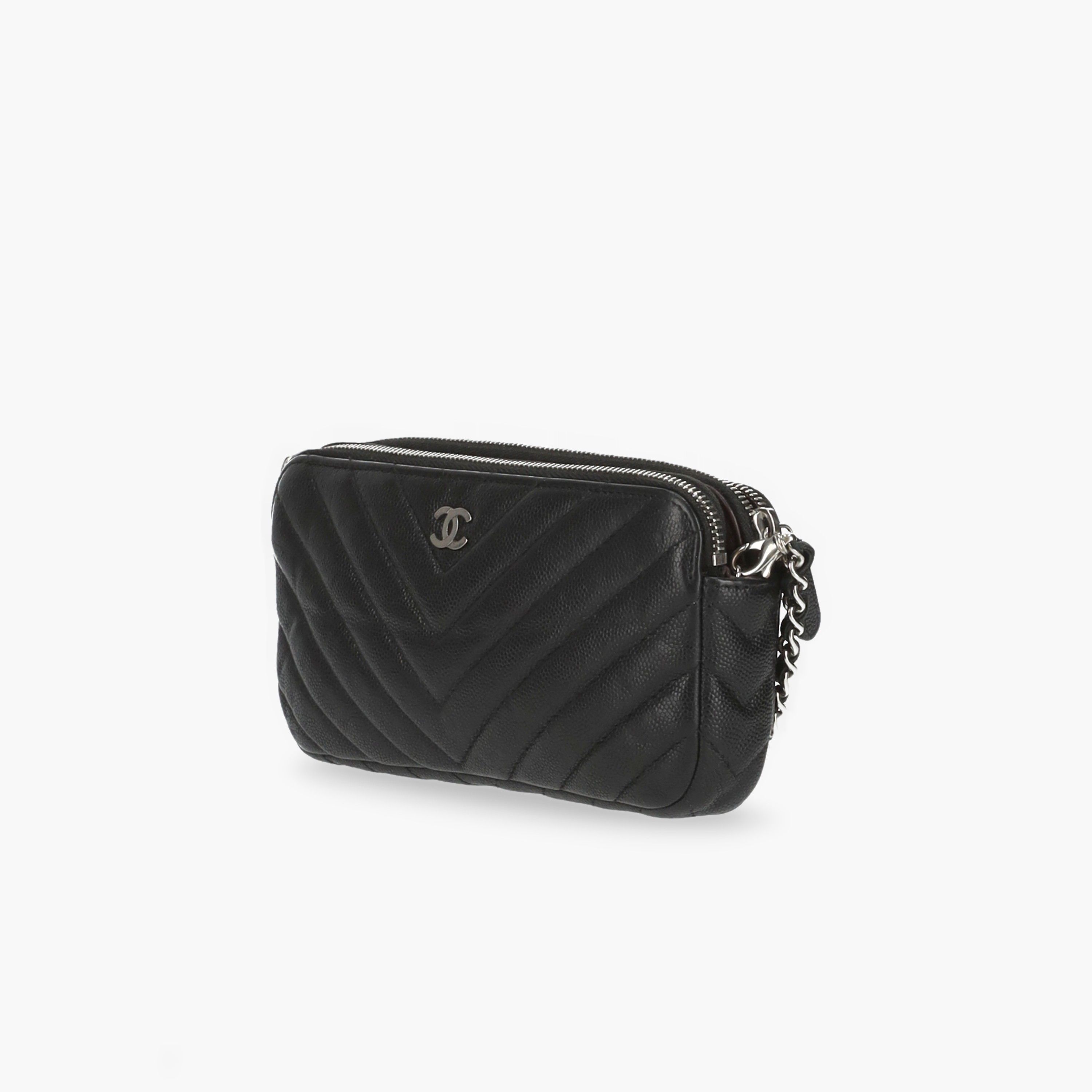 Pre-owned Chanel Chevron Double Zip Wallet On Chain In Black