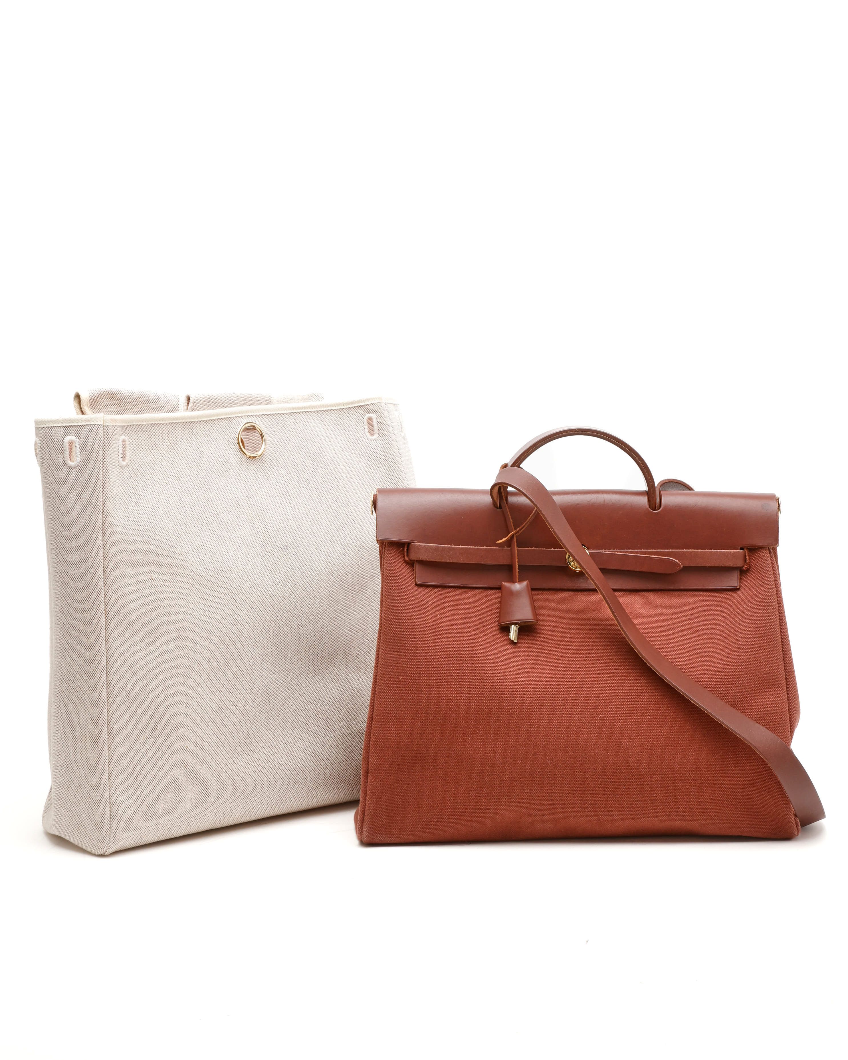 Hermès Marron Hunter Leather & Toile Canvas Herbag 38 MM Bag