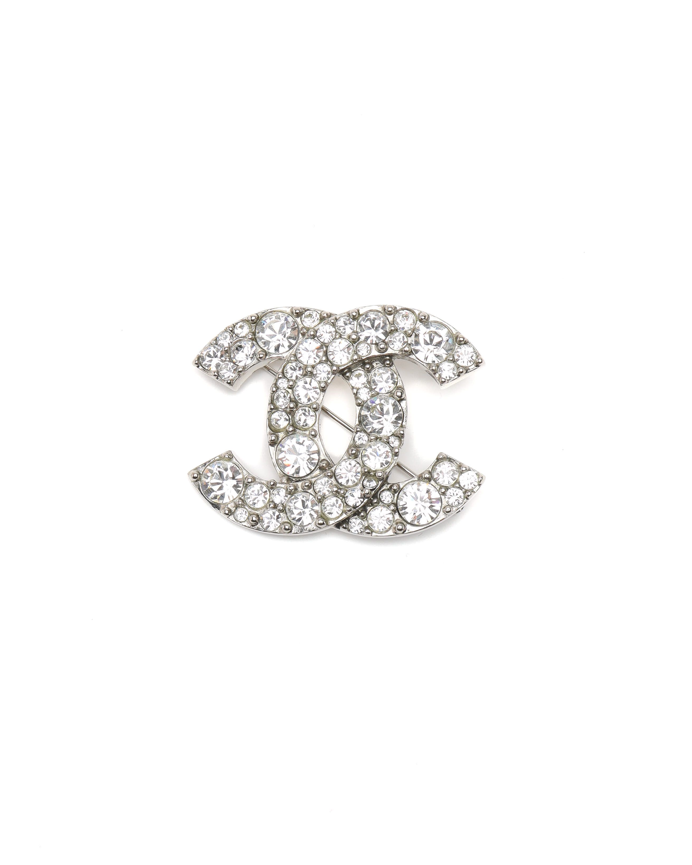 Pre-owned Chanel Coco Mark Rhinestone Brooch In Silver