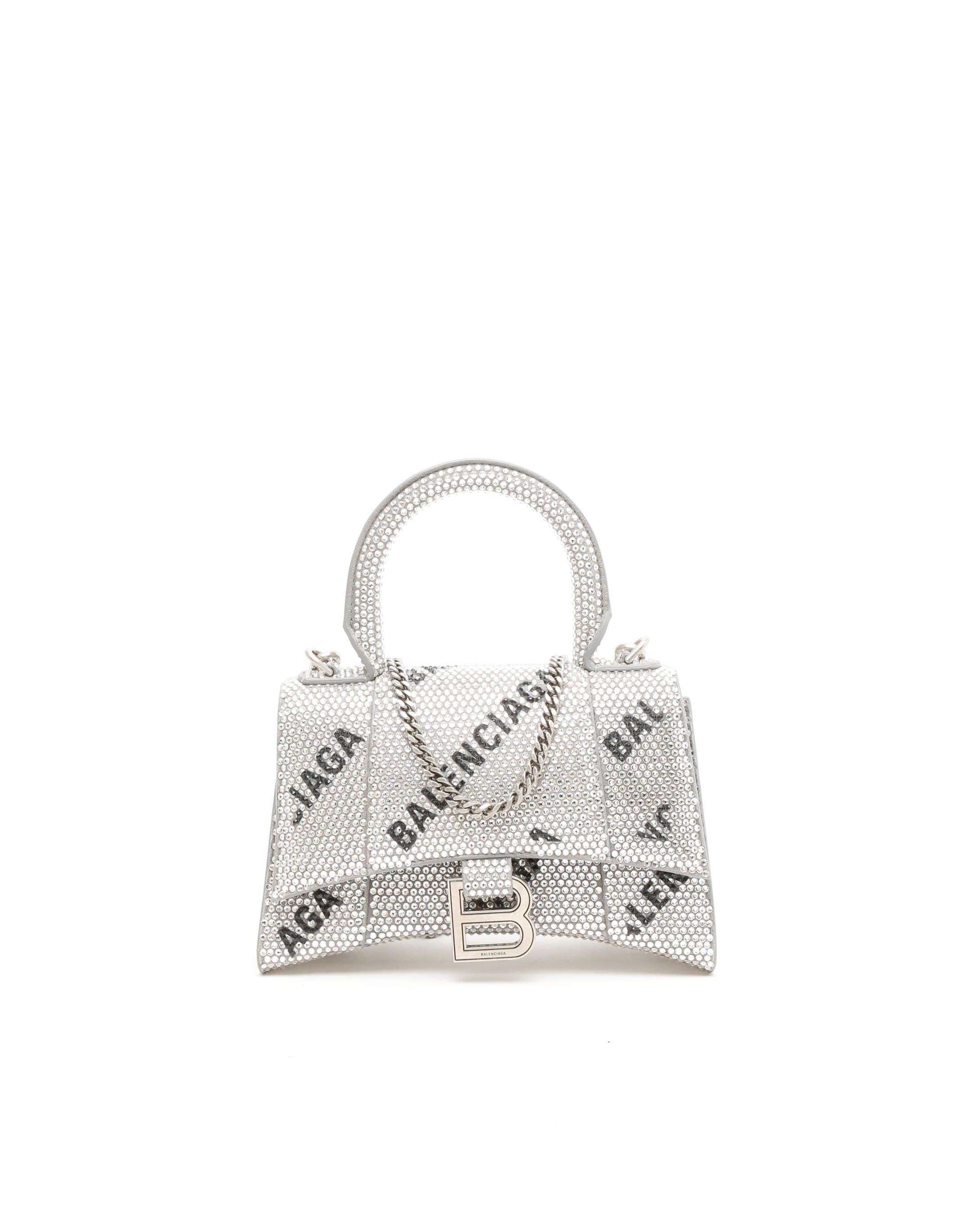 Balenciaga Allover Logo & Rhinestones Hourglass XS Chain Bag