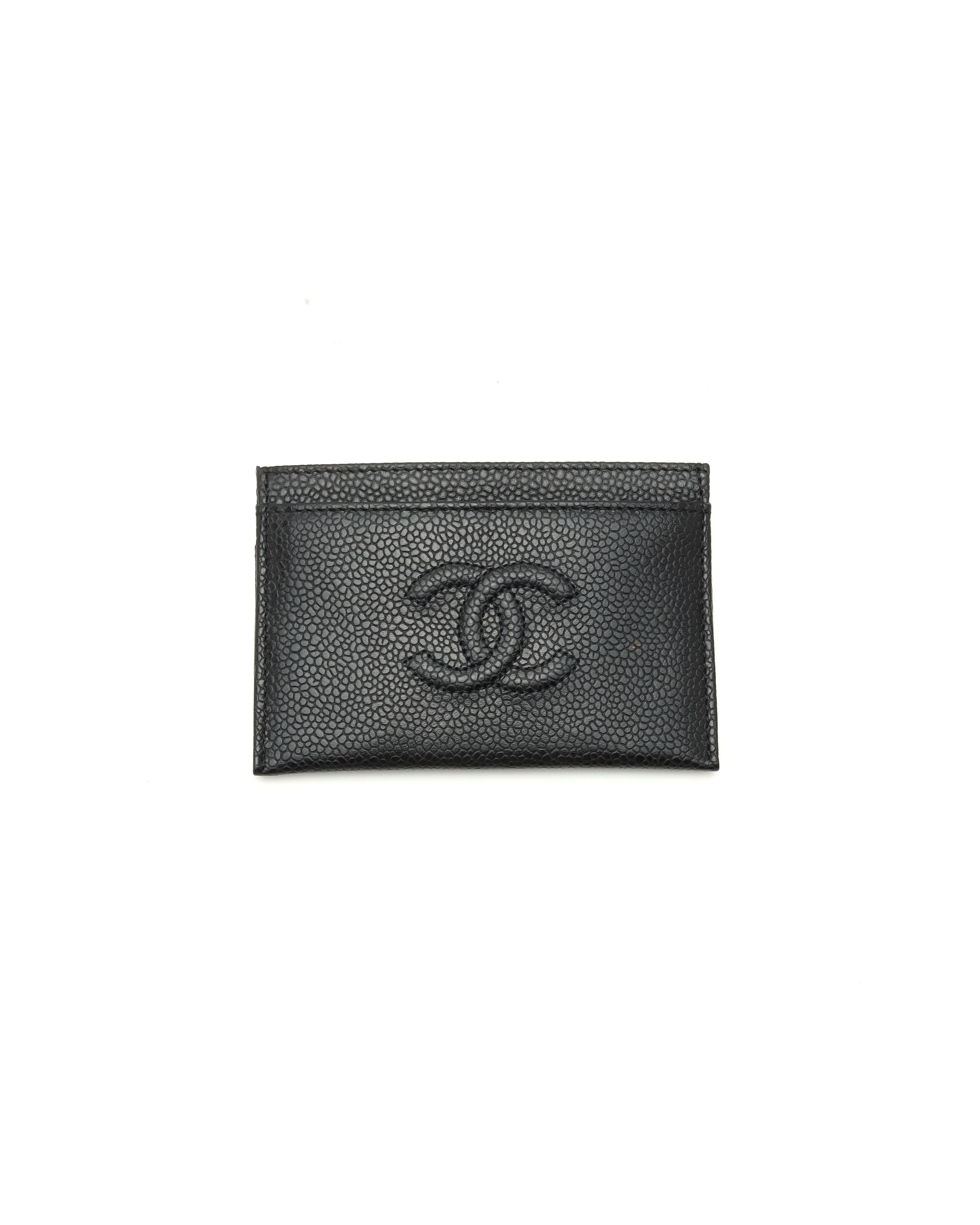 Pre-owned Chanel Coco Mark Caviar Card Holder In Black