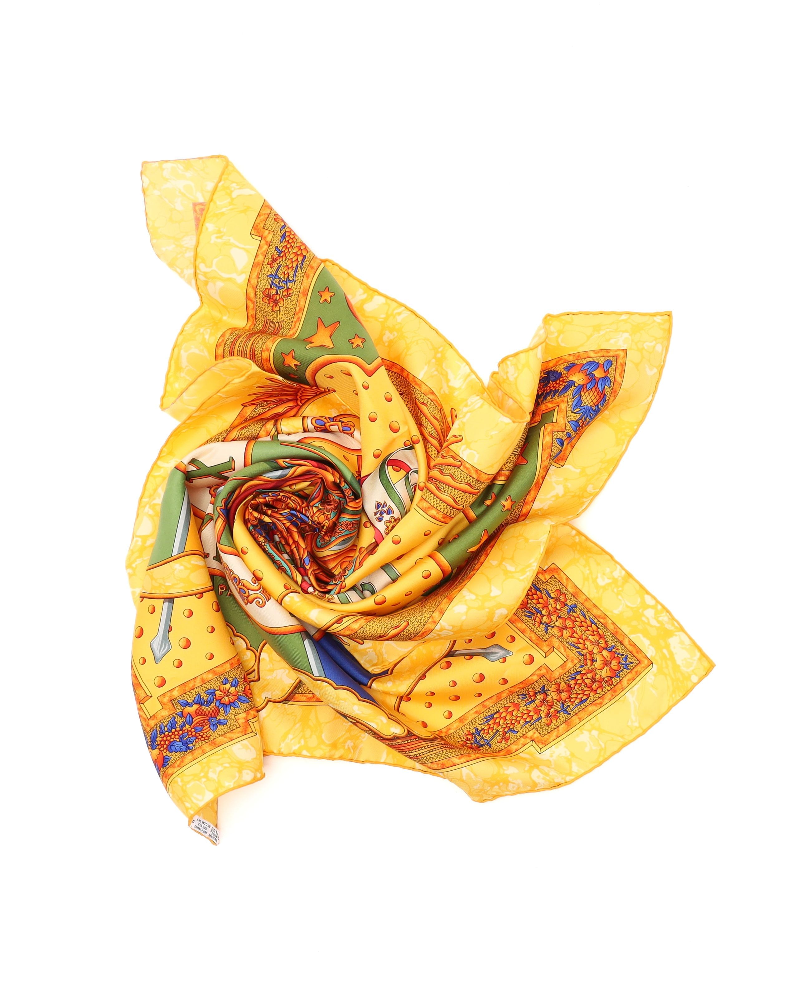 Pre-owned Hermes Hermès Carré 90 Carpe Diem Silk Scarf In Yellow
