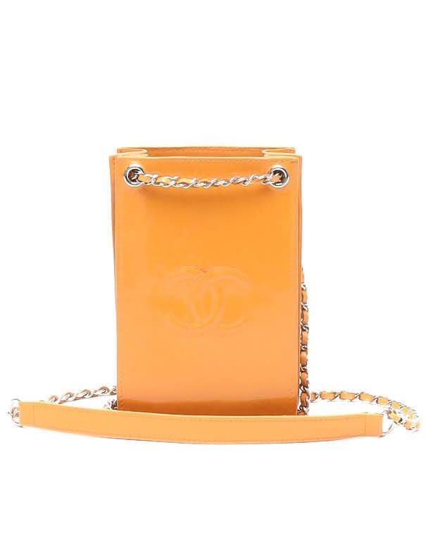 Pre-owned Chanel Patent Cc Phone Holder Bag In Orange