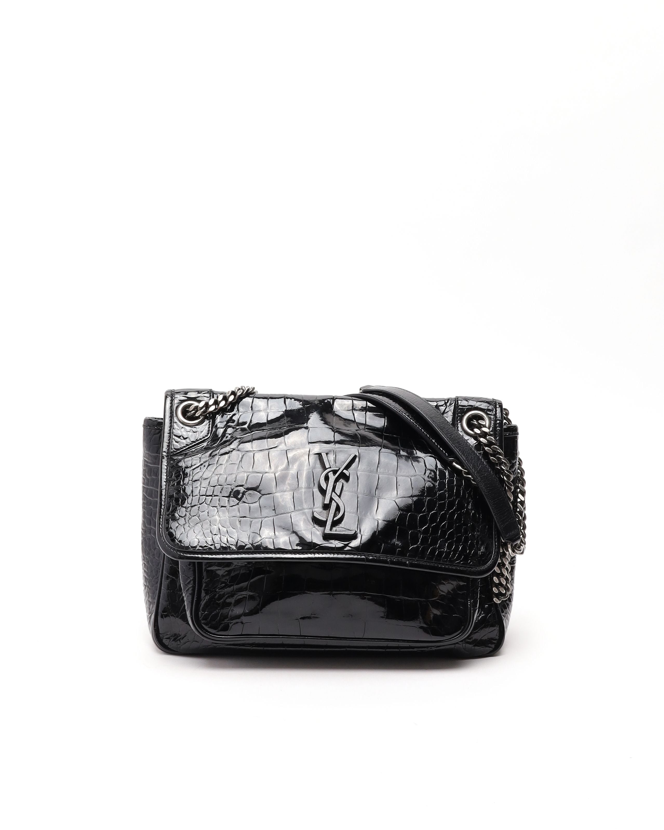 Saint Laurent Niki Croc Patent Chain Bag In Black