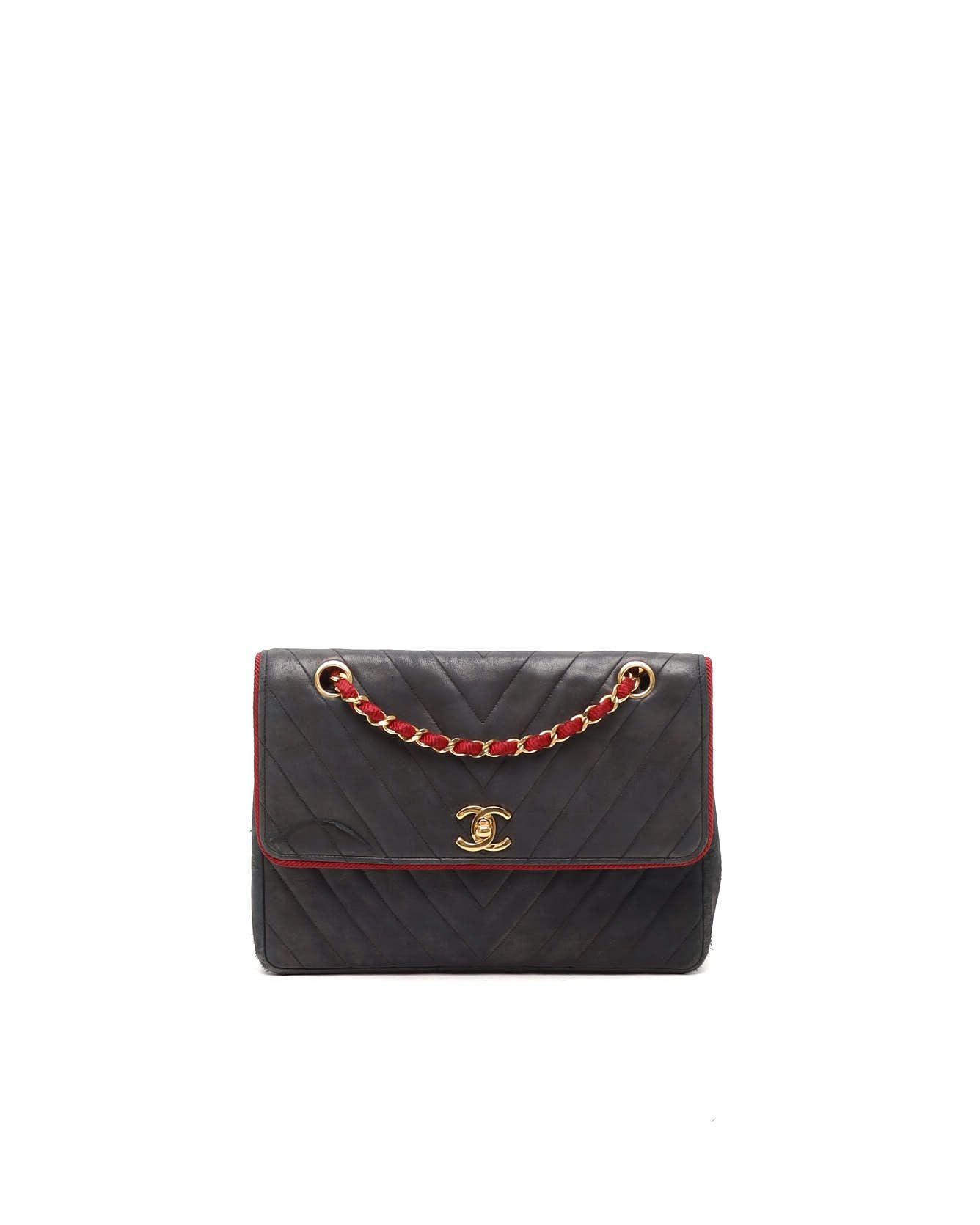 Pre-owned Chanel Chevron Braided Trim Flap Bag In Black