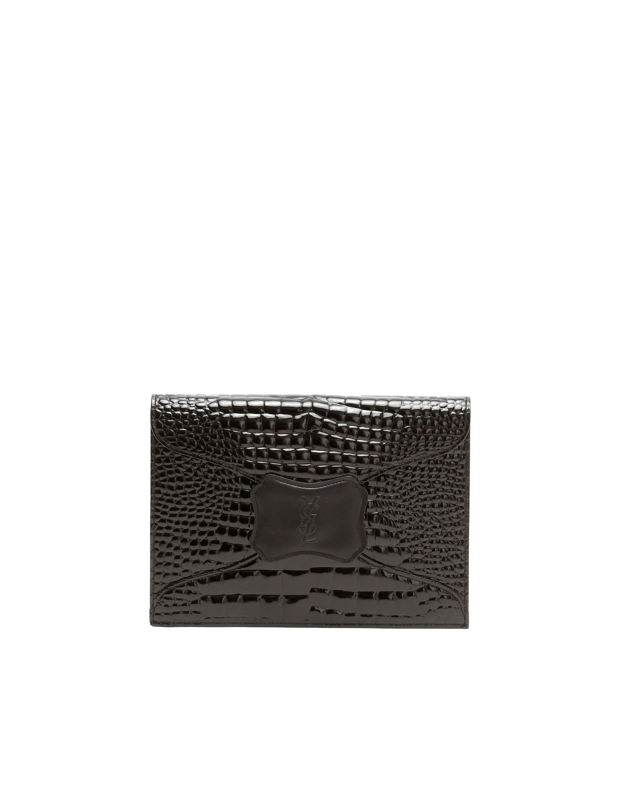 Saint Laurent Yves Embossed Croc Clutch Bag In Black