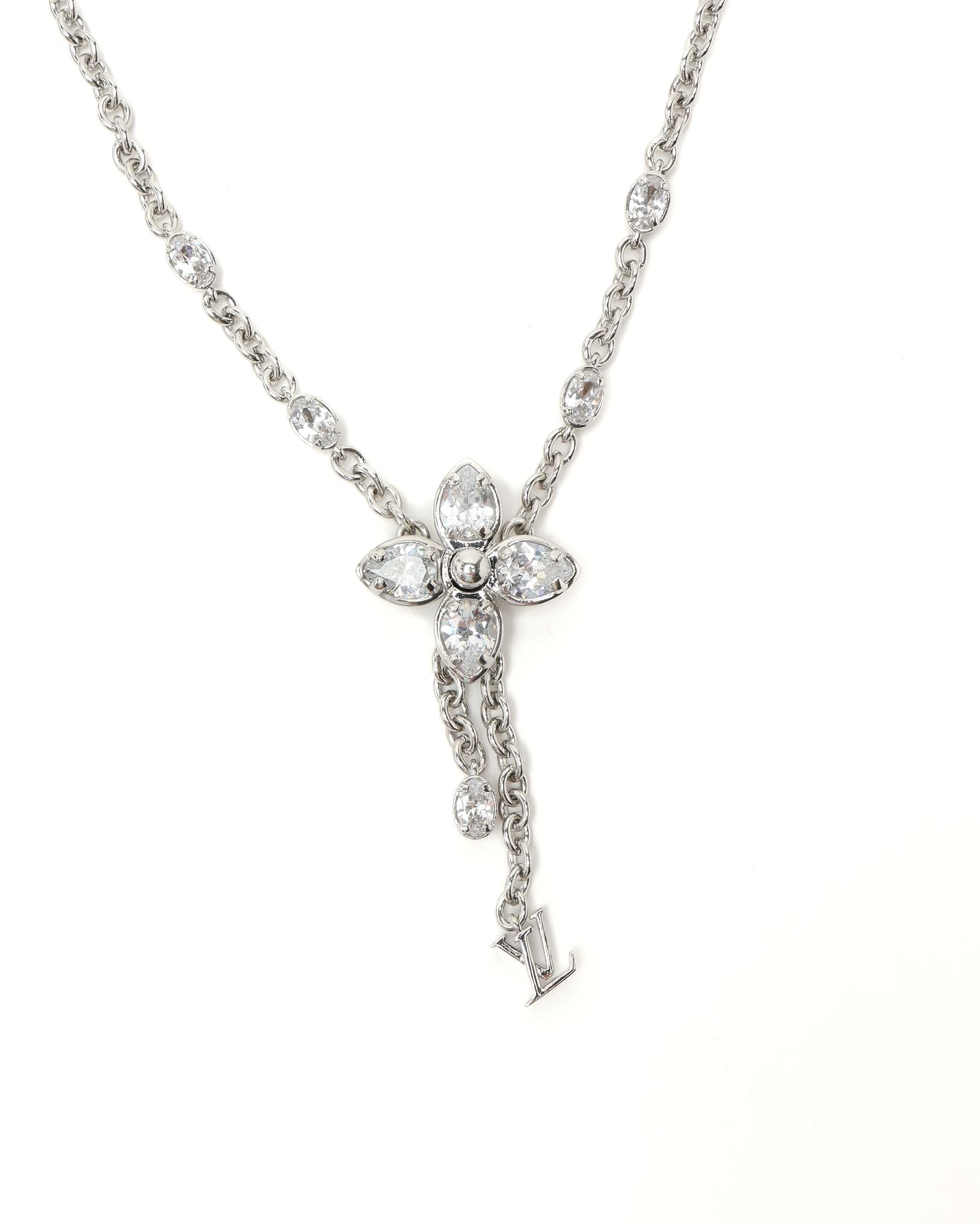 Louis Vuitton Lv Blossom Rhinestone Necklace In Silver