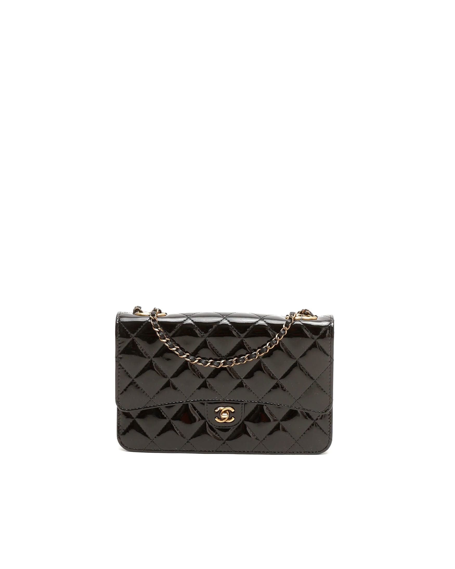 Chanel Eyelet Patent Wallet On Chain Bag In Black