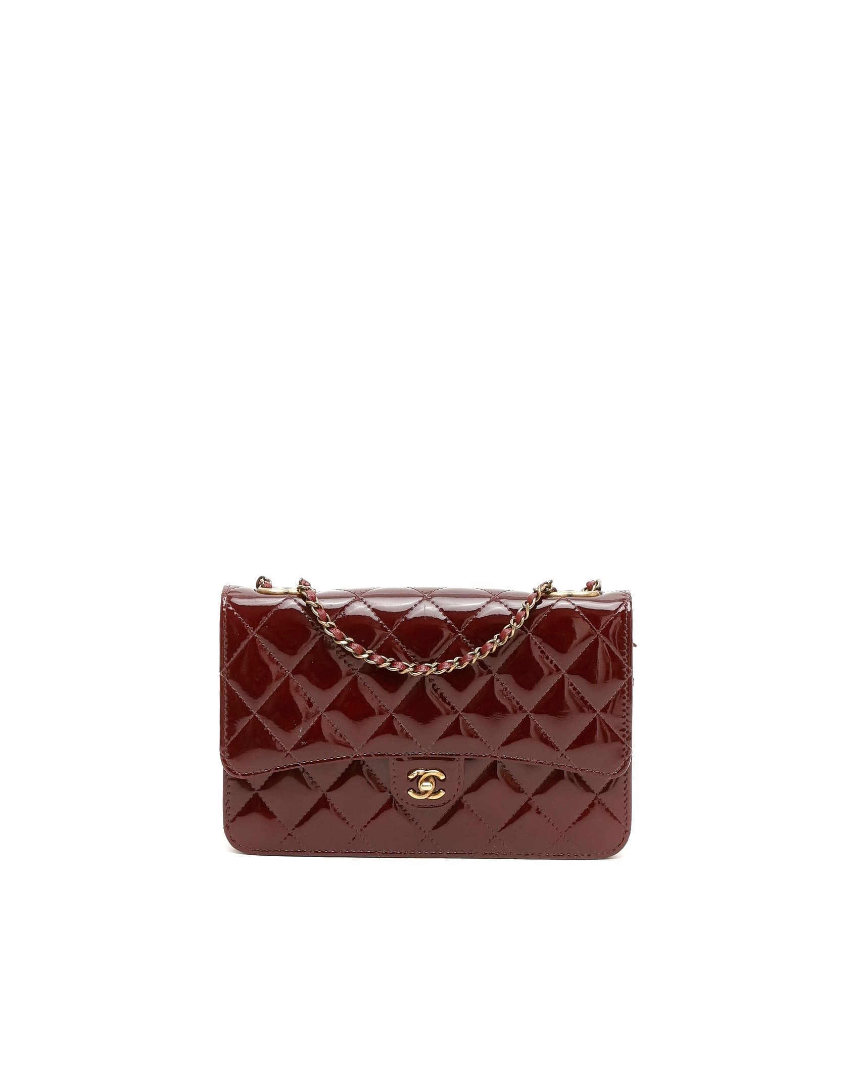 Chanel Eyelet Patent Wallet On Chain Bag In Burgundy