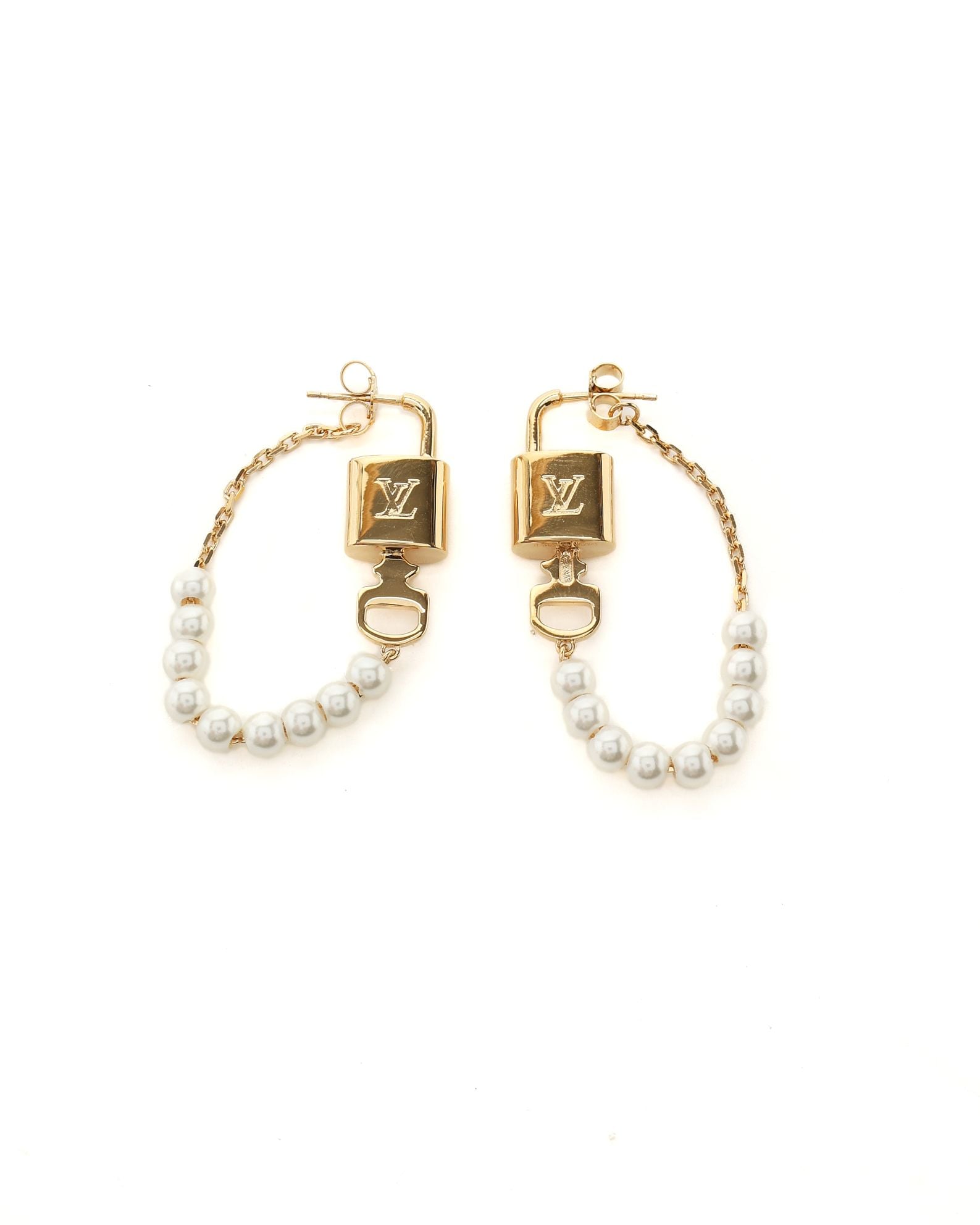Louis Vuitton Lv Padlock Pearl Earrings In Gold