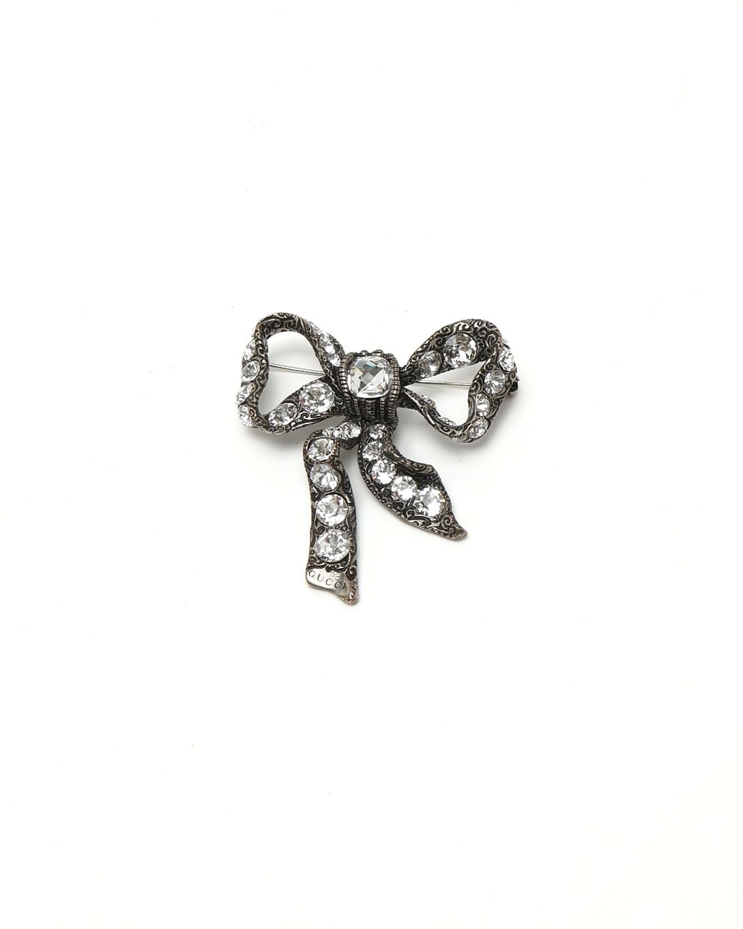 Gucci Rhinestone Bow Brooch In Silver