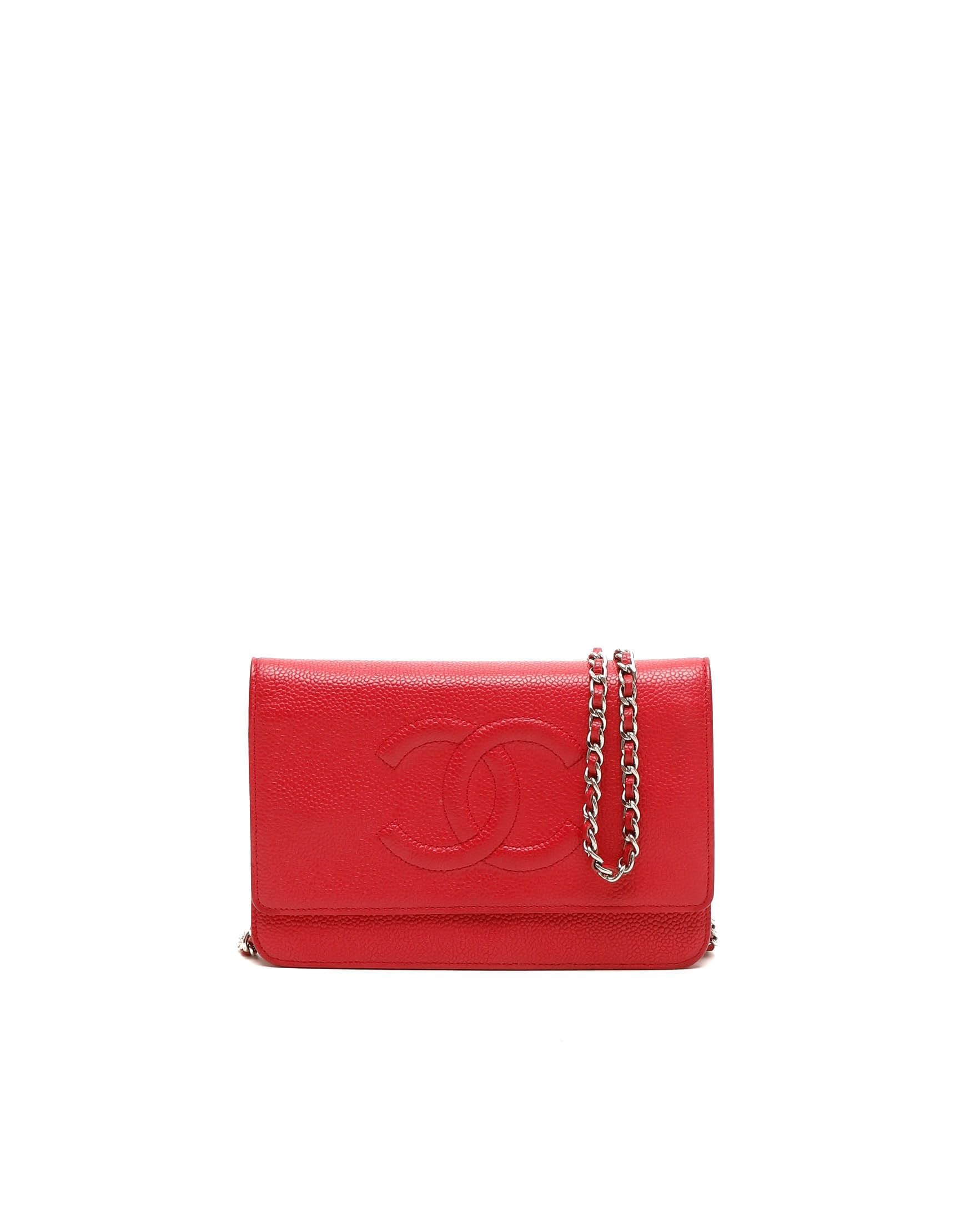 Pre-owned Chanel Caviar Wallet On Chain Bag In Red