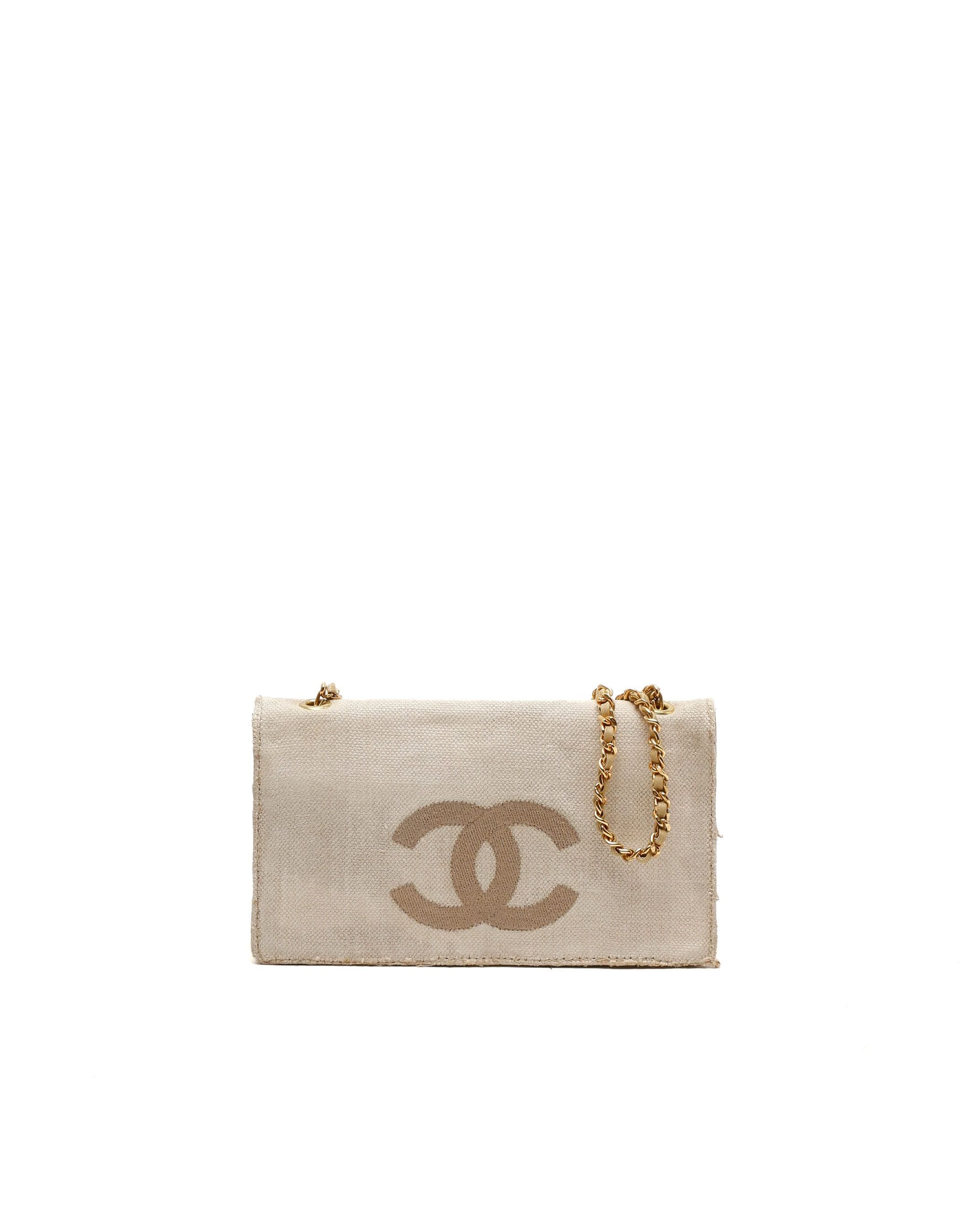 Pre-owned Chanel Cc Linen Wallet On Chain Bag In Beige